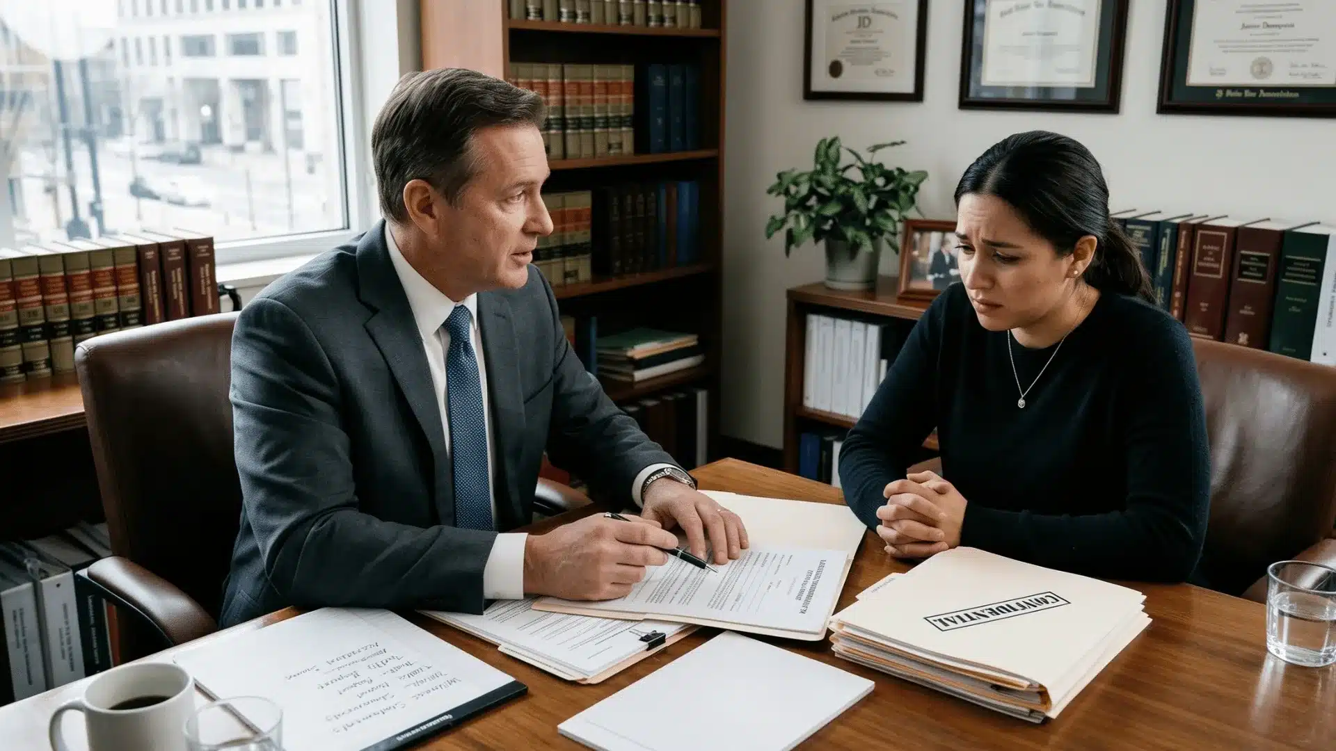 Lawyer consulting with a distressed client in an office about accident-related legal documents