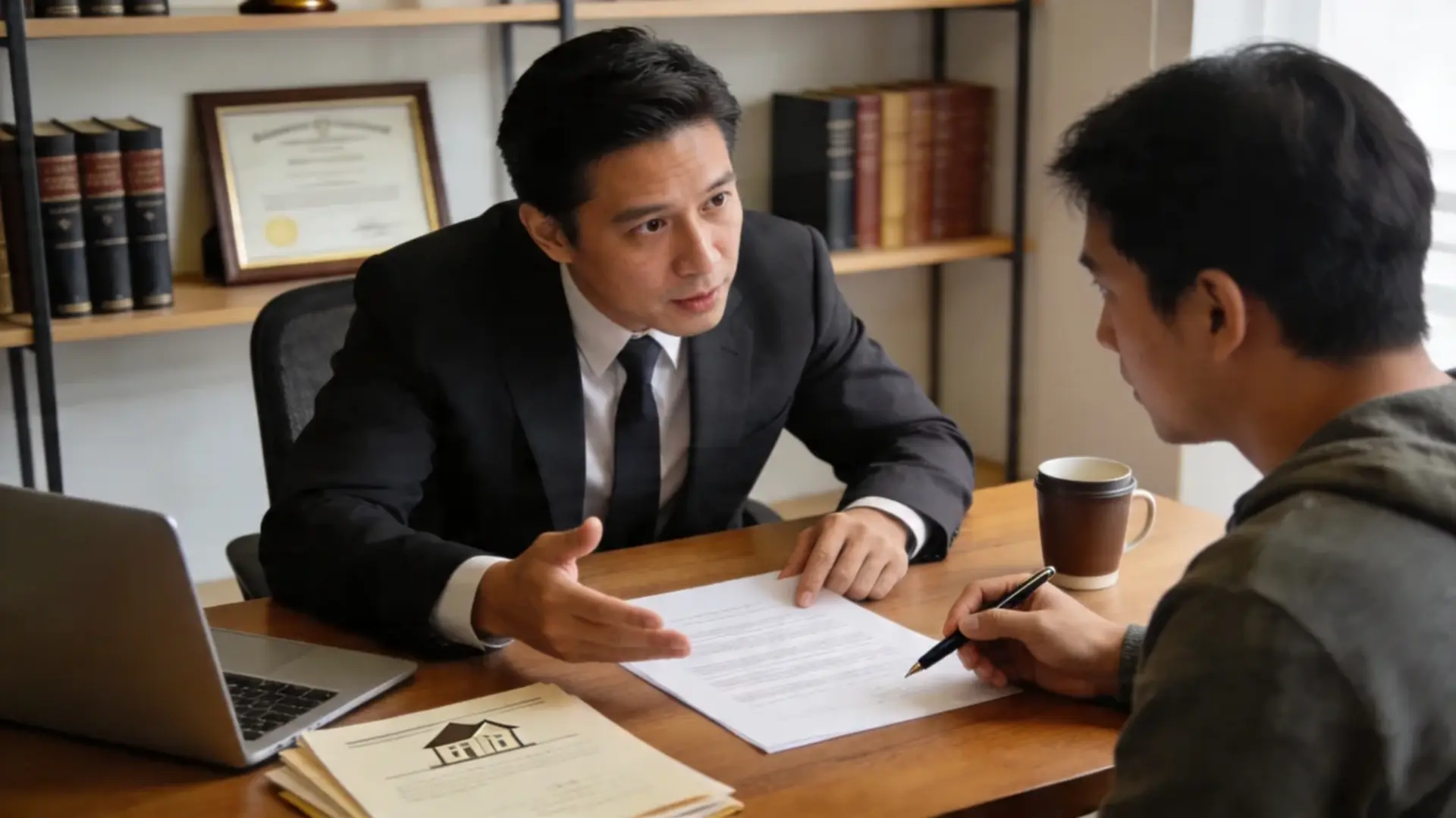 Lawyer reviewing documents with client at desk, discussing contract terms in office setting