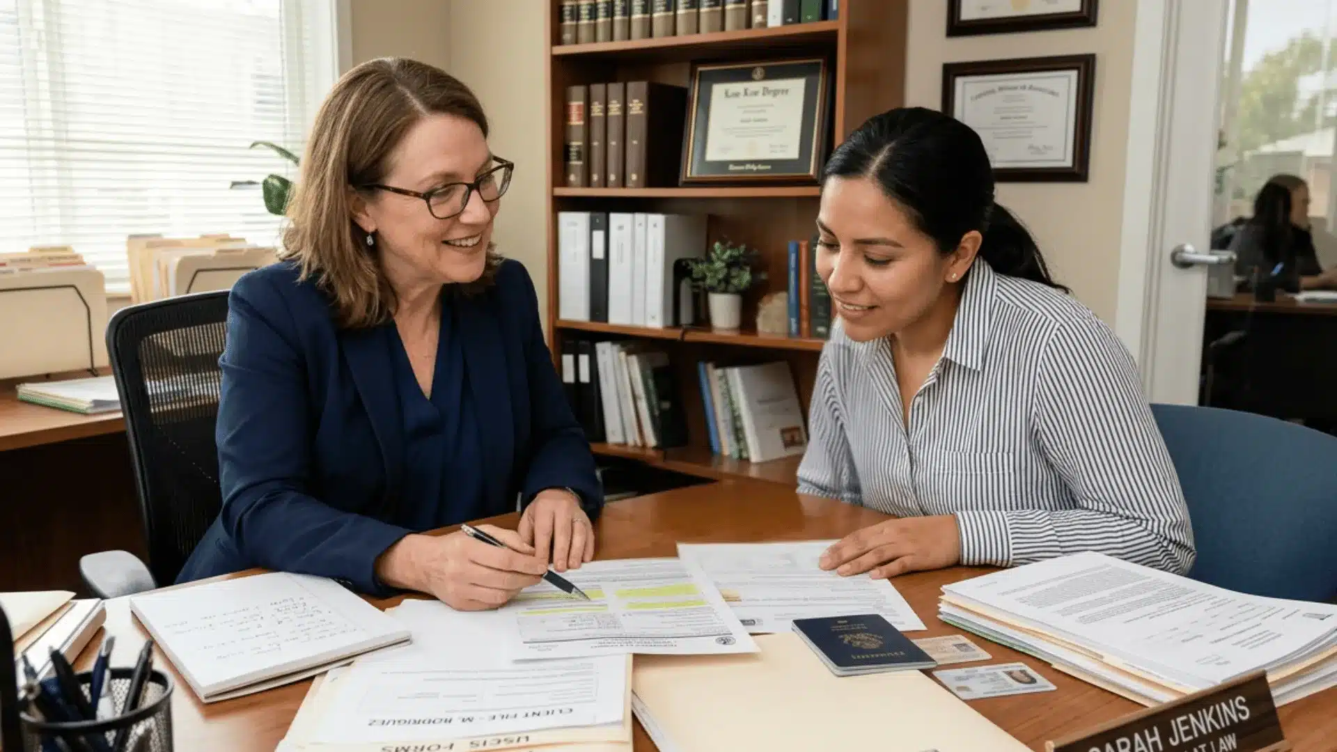 Lawyer reviewing immigration forms with a client in her office