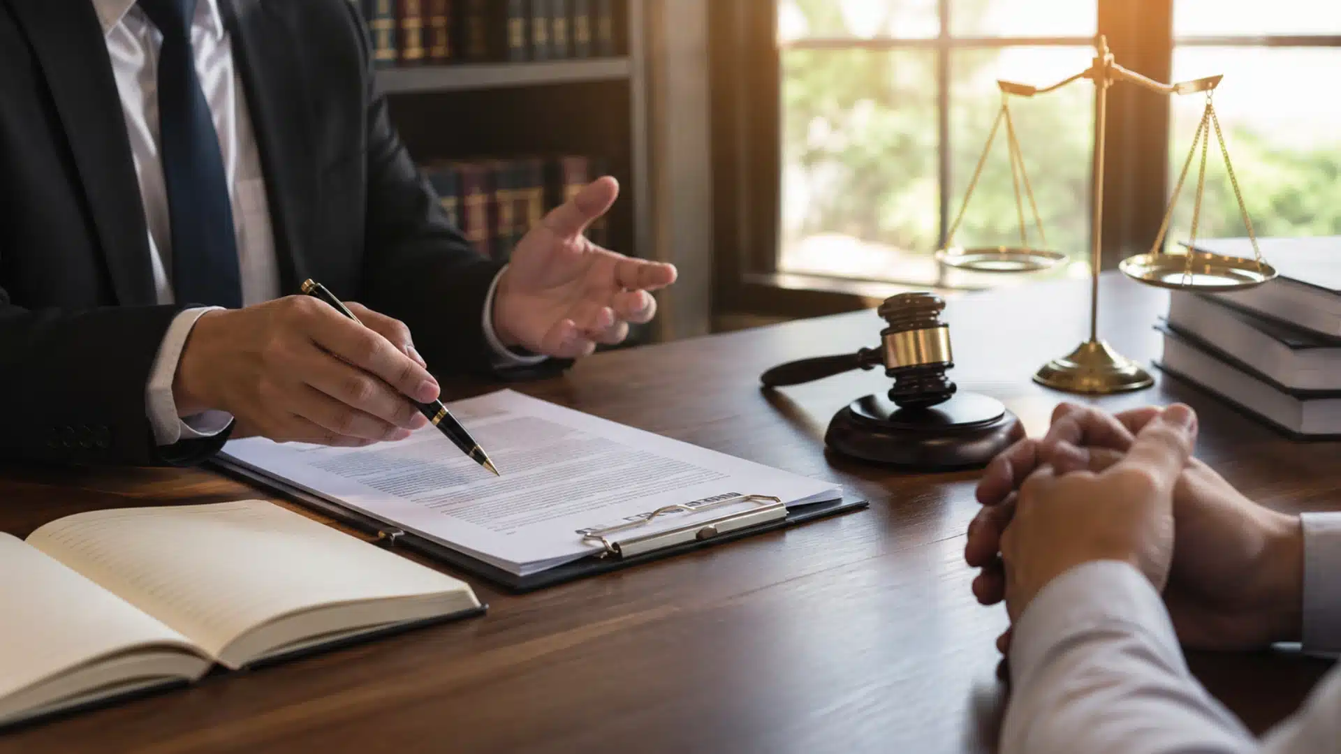 Lawyer reviewing legal documents with a client across a desk beside a gavel, scales, and law books in office setting