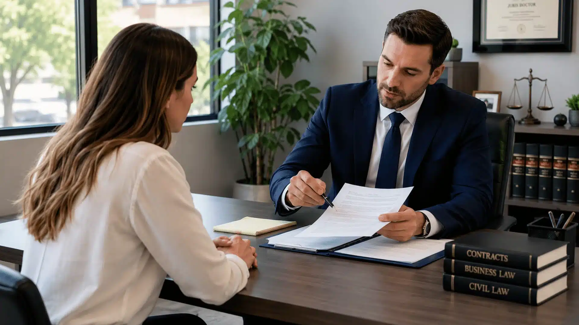 Lawyer reviews documents with a client across a desk in a bright modern office