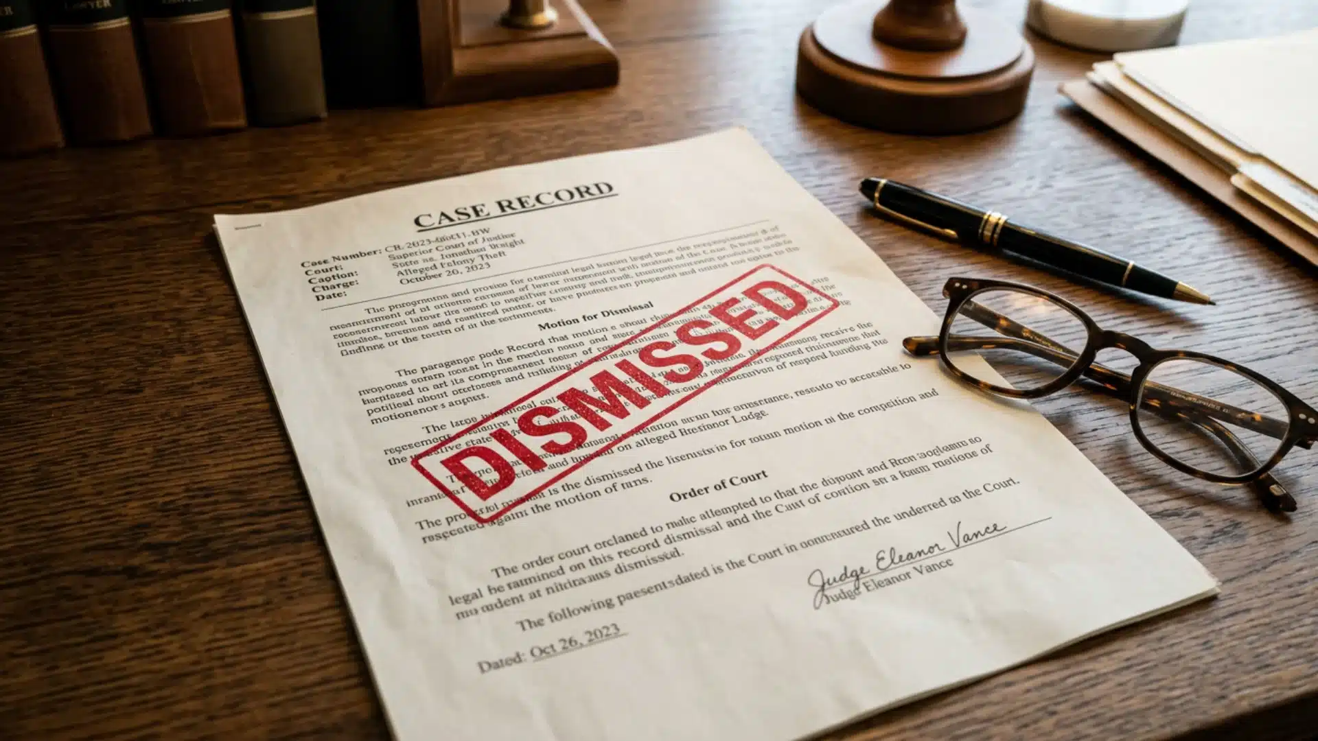 Legal case record stamped dismissed showing a criminal case disposition outcome