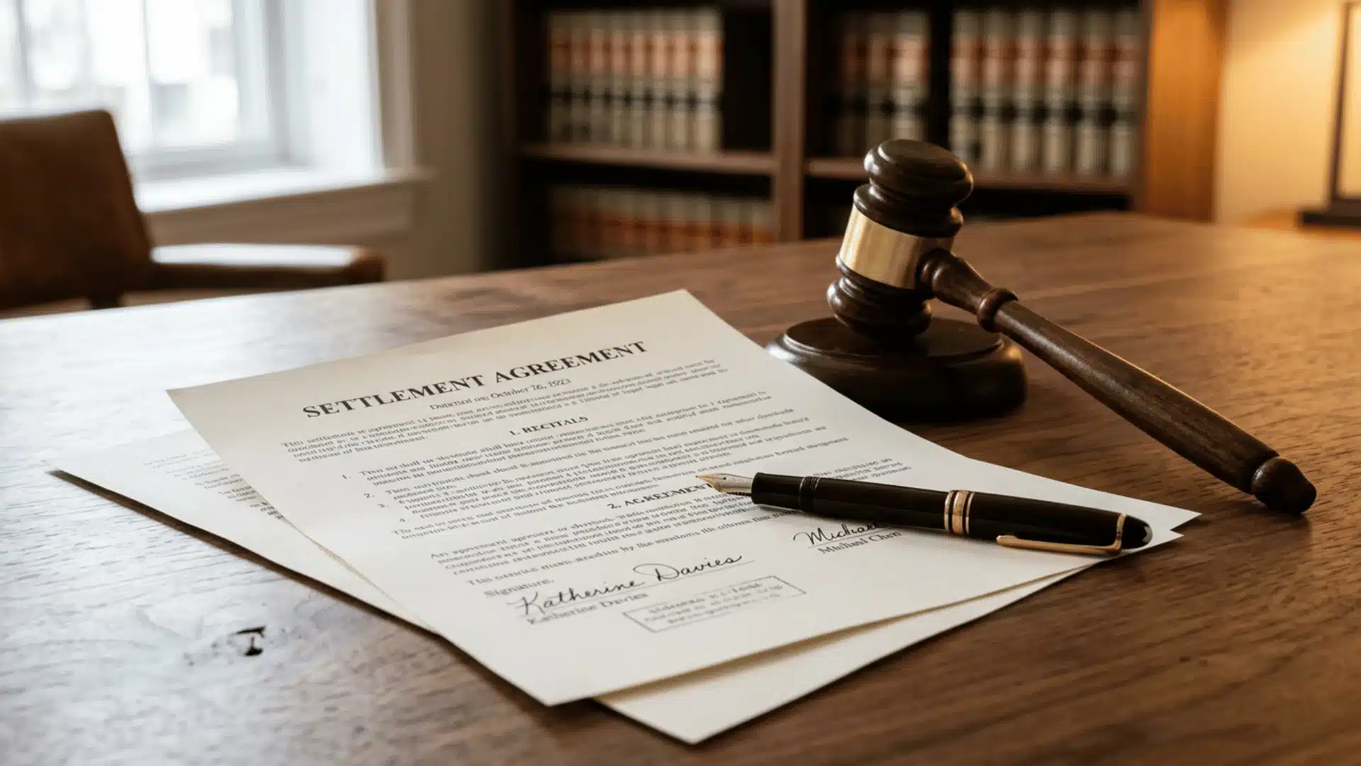 Legal documents and pen on desk representing a retaliation lawsuit settlement process