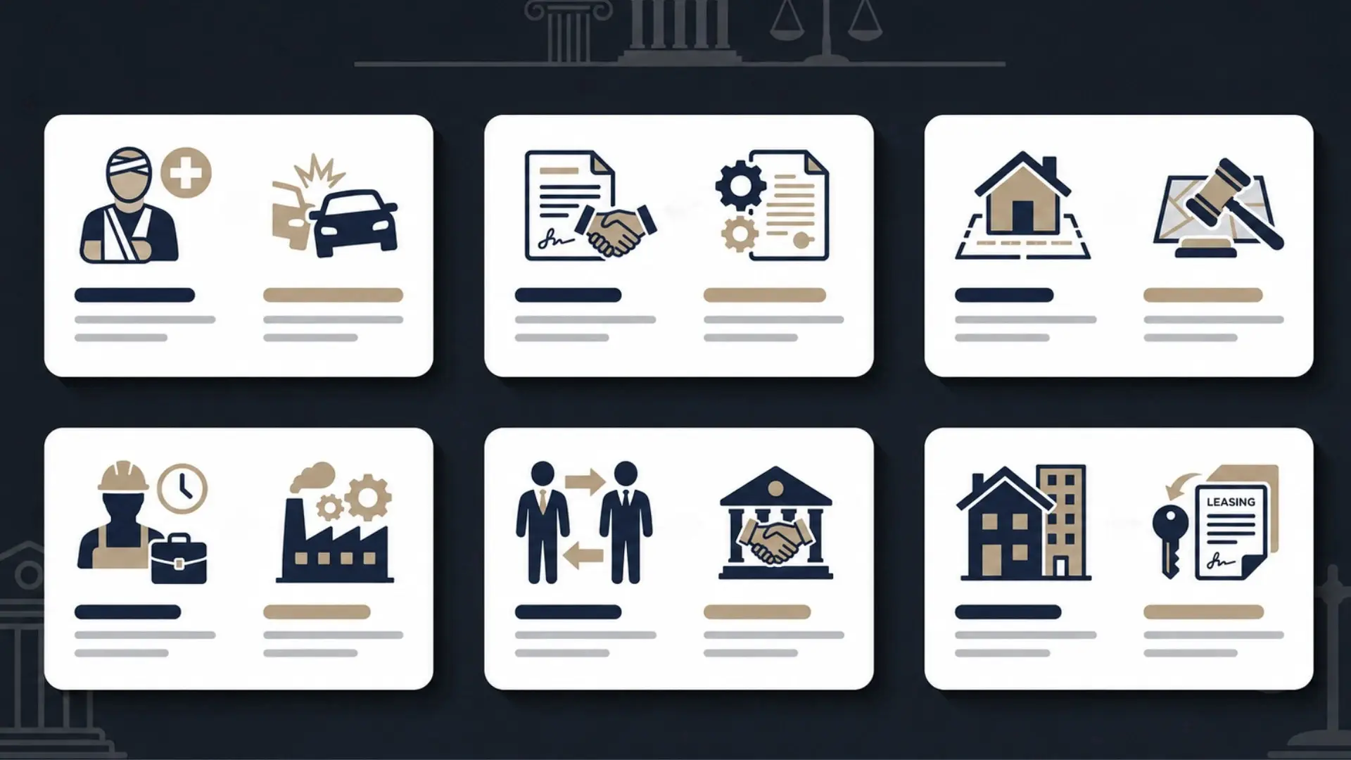 Legal services infographic with six cards showing injury, contracts, housing, work, business, and leasing