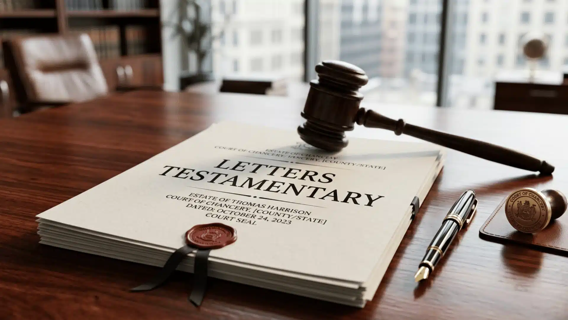 Letters testamentary document on desk with gavel, court seal, and fountain pen