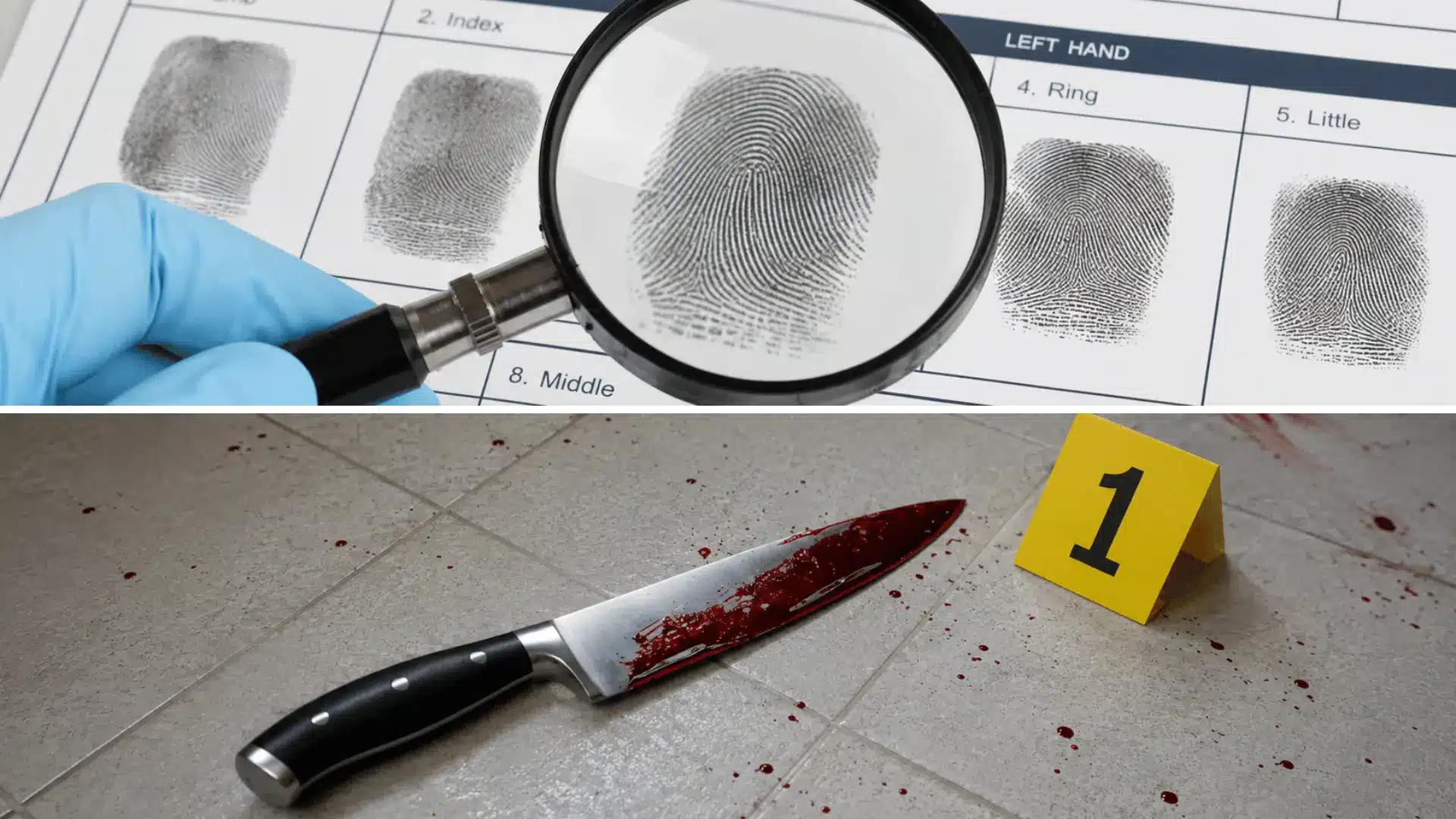 Magnified fingerprint card and bloodstained knife marked as forensic crime evidence