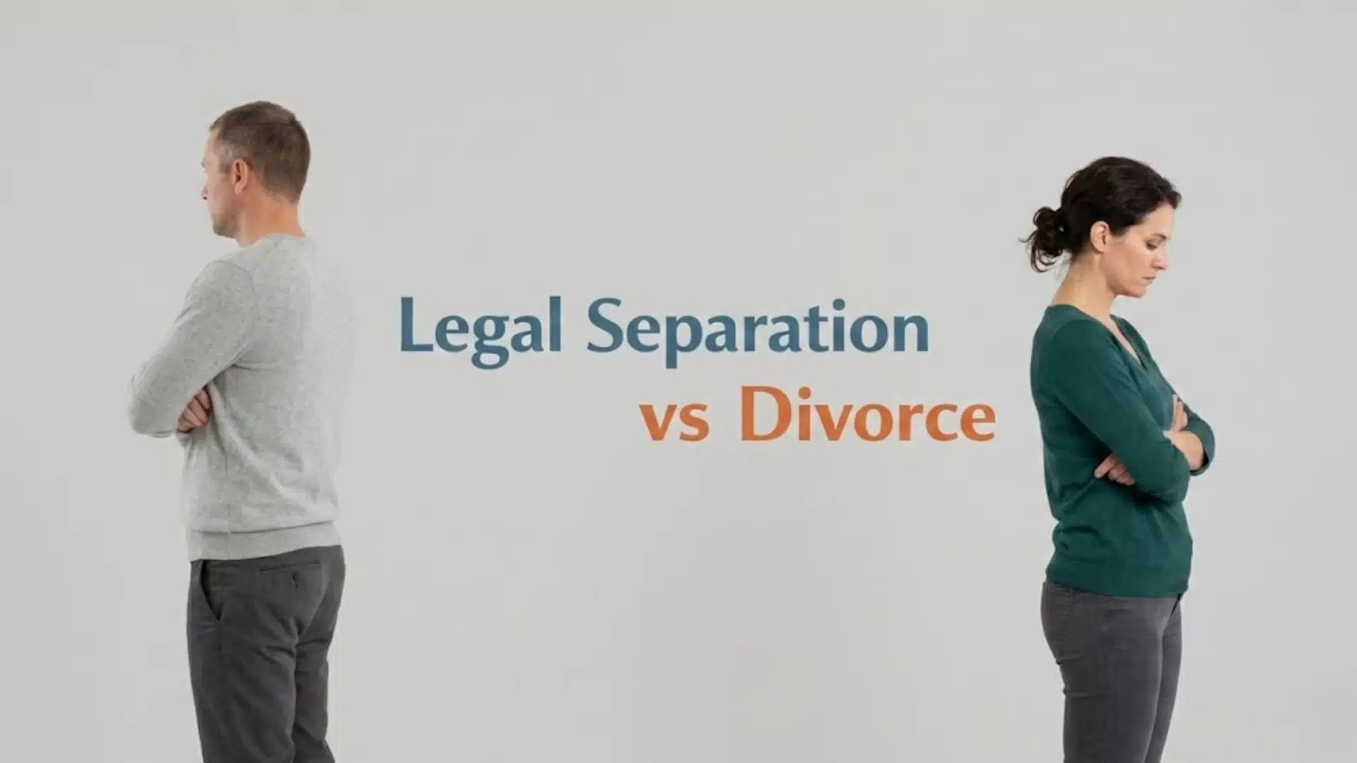 Man and woman standing apart beside legal separation vs divorce text about marriage choices for couples
