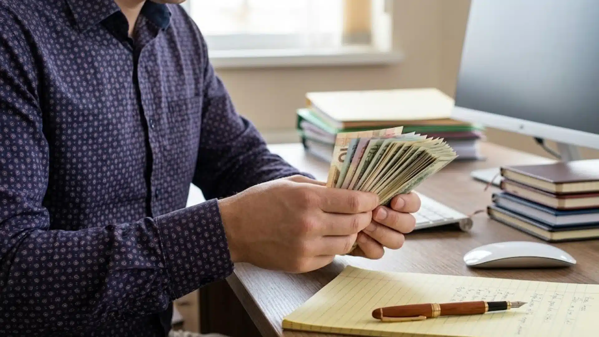 Man counts cash at a desk with notes and files, showing bail payment planning in a legal case