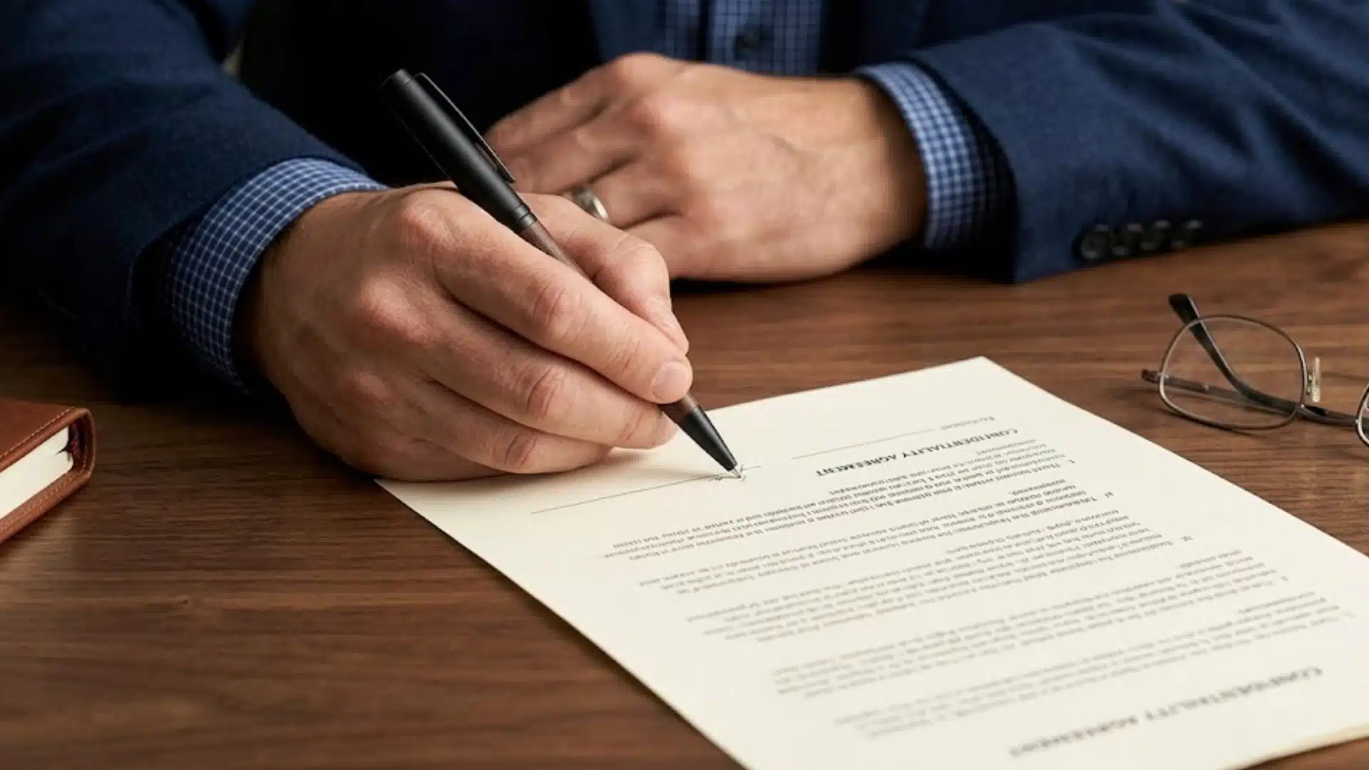 Man signing a legal property agreement at a wooden desk with eyeglasses and notebook nearby