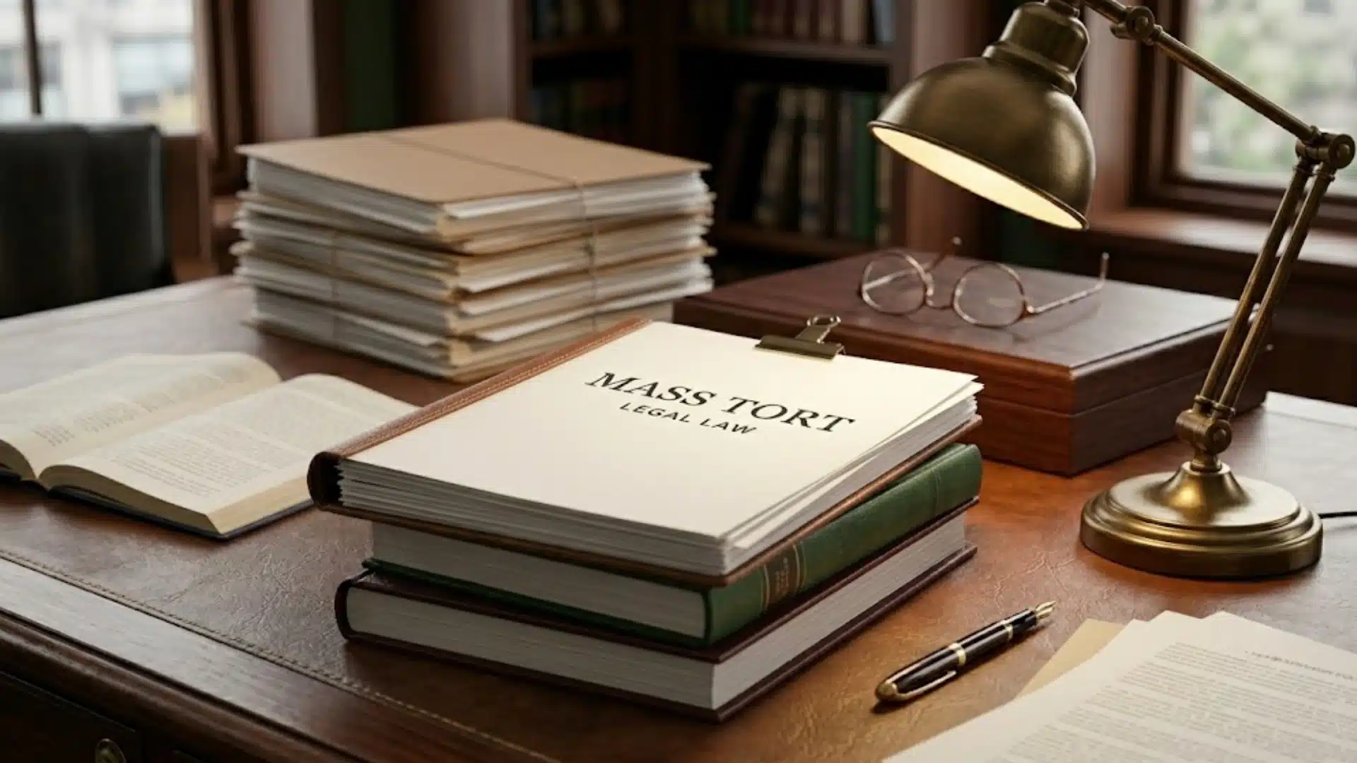 Mass tort legal case files and books arranged on a lawyer's desk with documents, lamp, and office setting