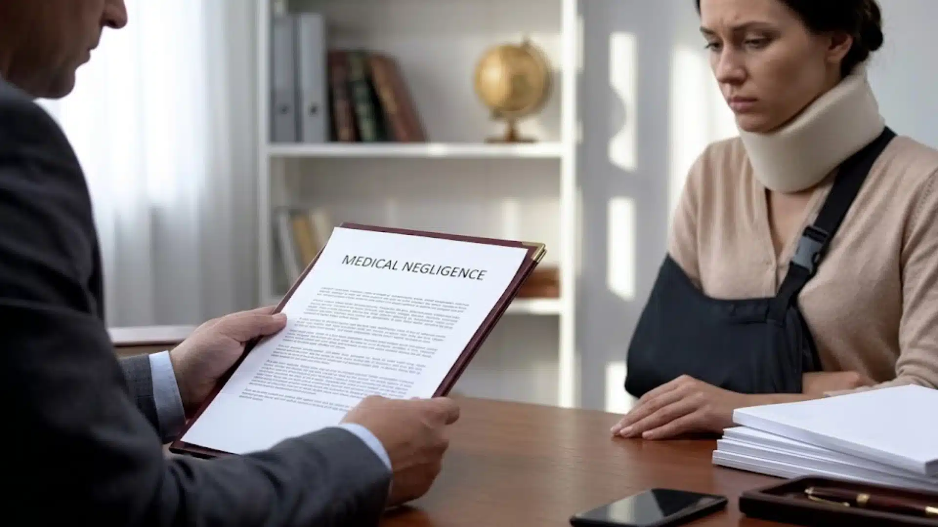 Medical negligence consultation with injured patient reviewing legal claim documents after treatment error concerns