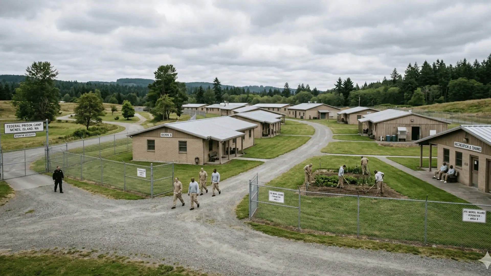Minimum-security prison camp with open grounds, simple buildings, and controlled but calm environment