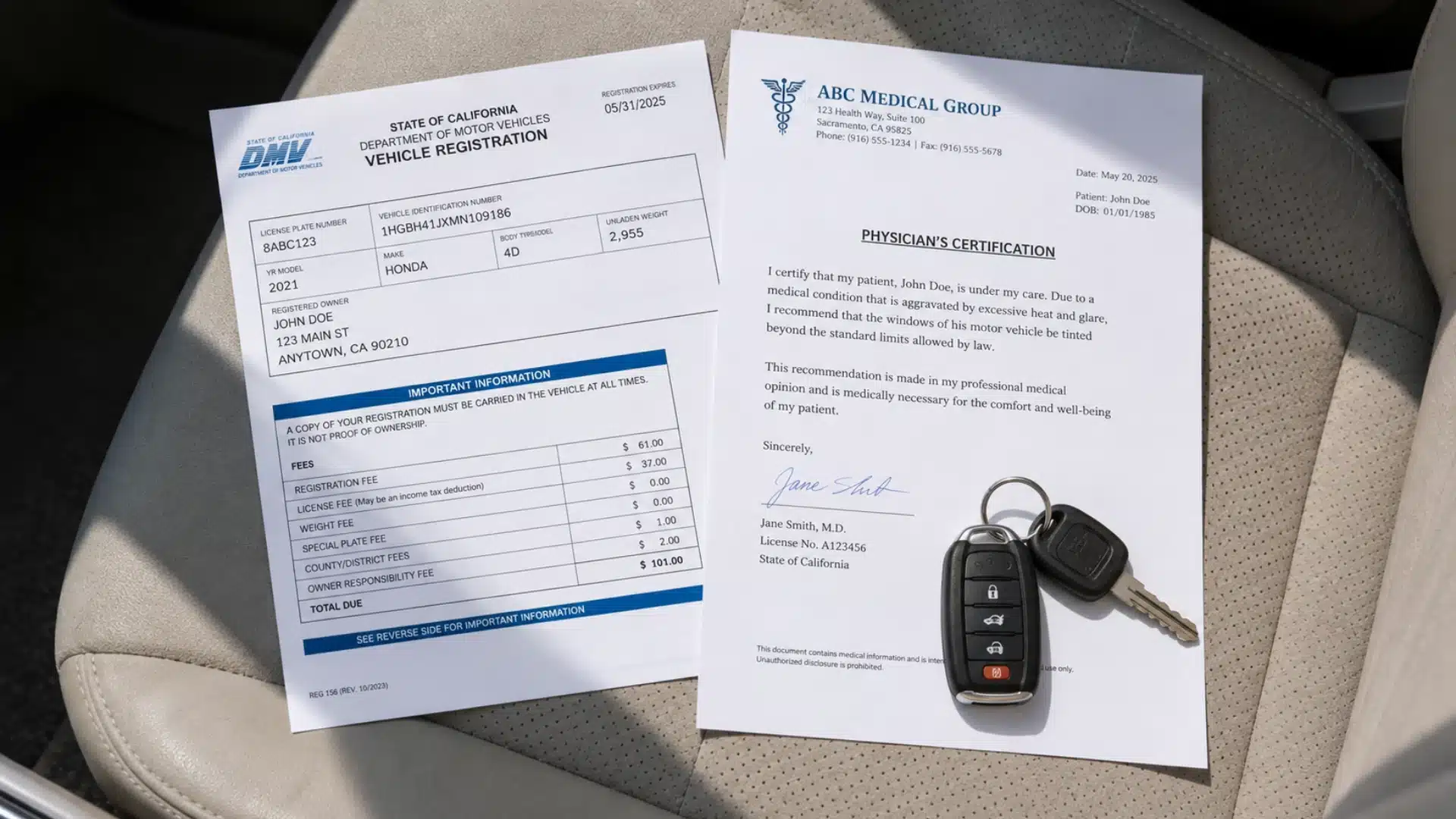 Missouri window tint medical permit documents and prescription on car seat