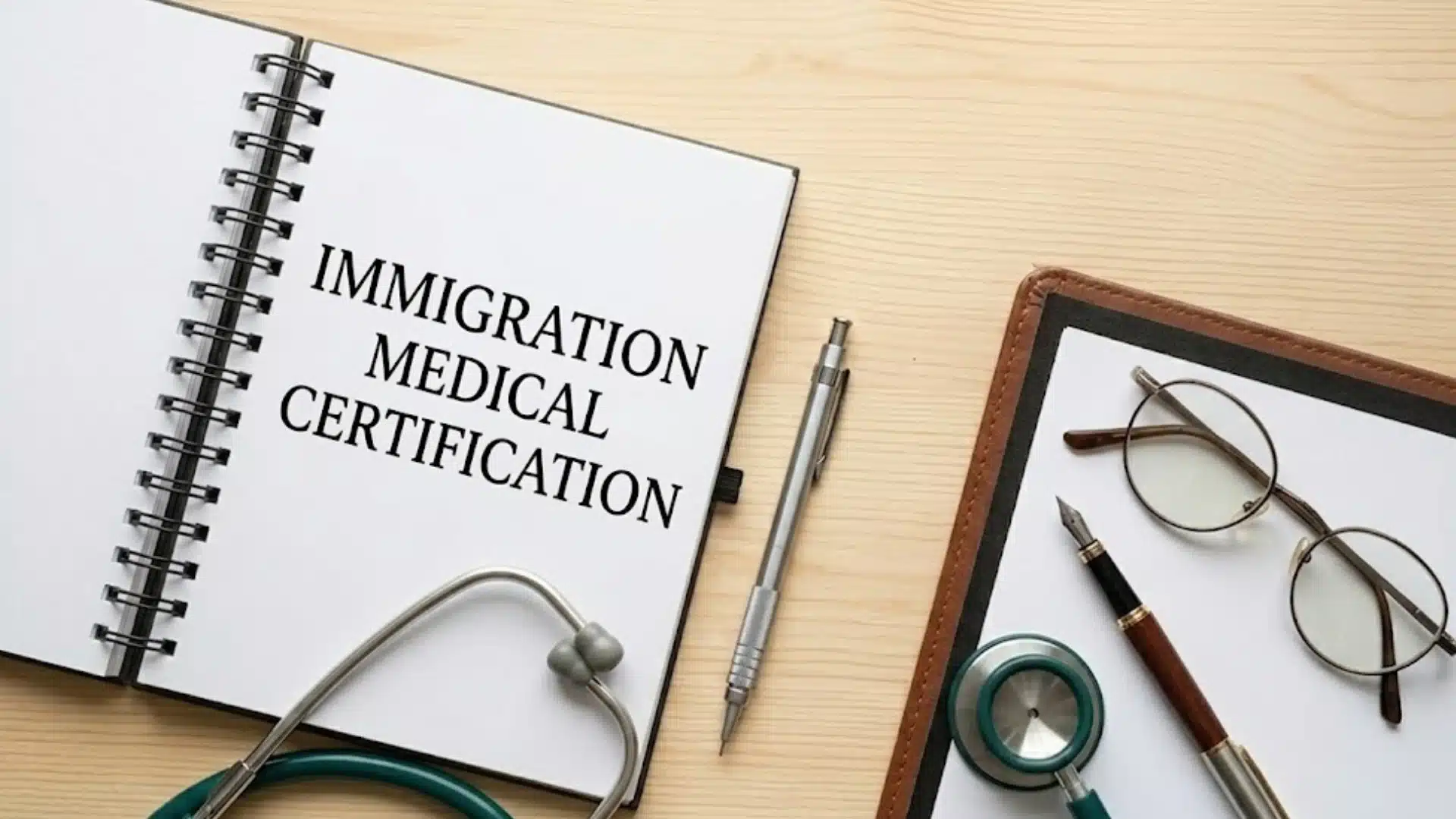 Notebook labeled immigration medical certification with stethoscope, glasses, and pens on a desk