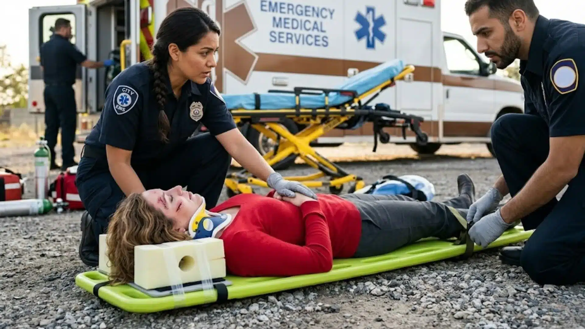 Paramedics treating injured woman on stretcher near ambulance after accident