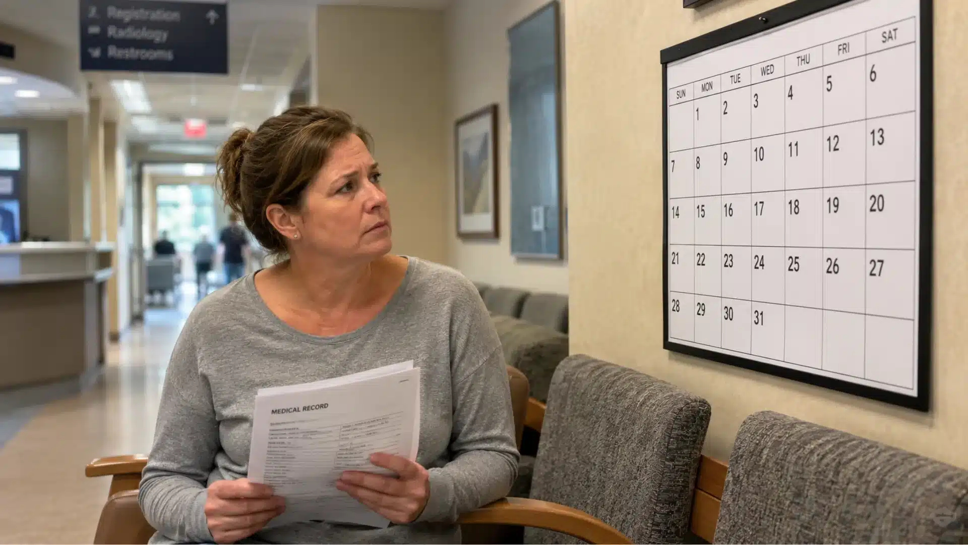 Patient holding medical records while reviewing a calendar in a hospital waiting area, concerned about filing deadlines