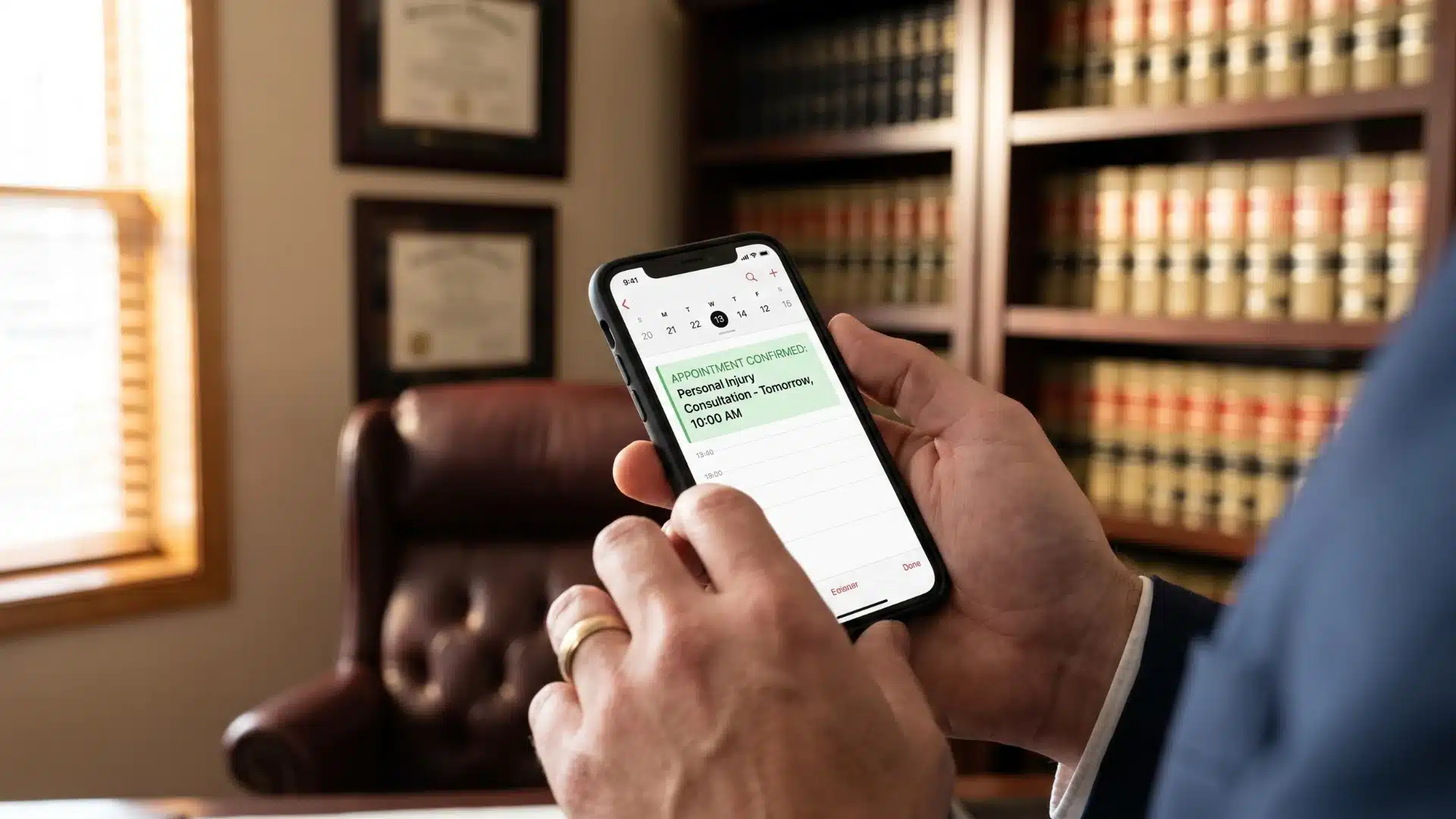 Person booking a scooter accident attorney consultation on smartphone in office
