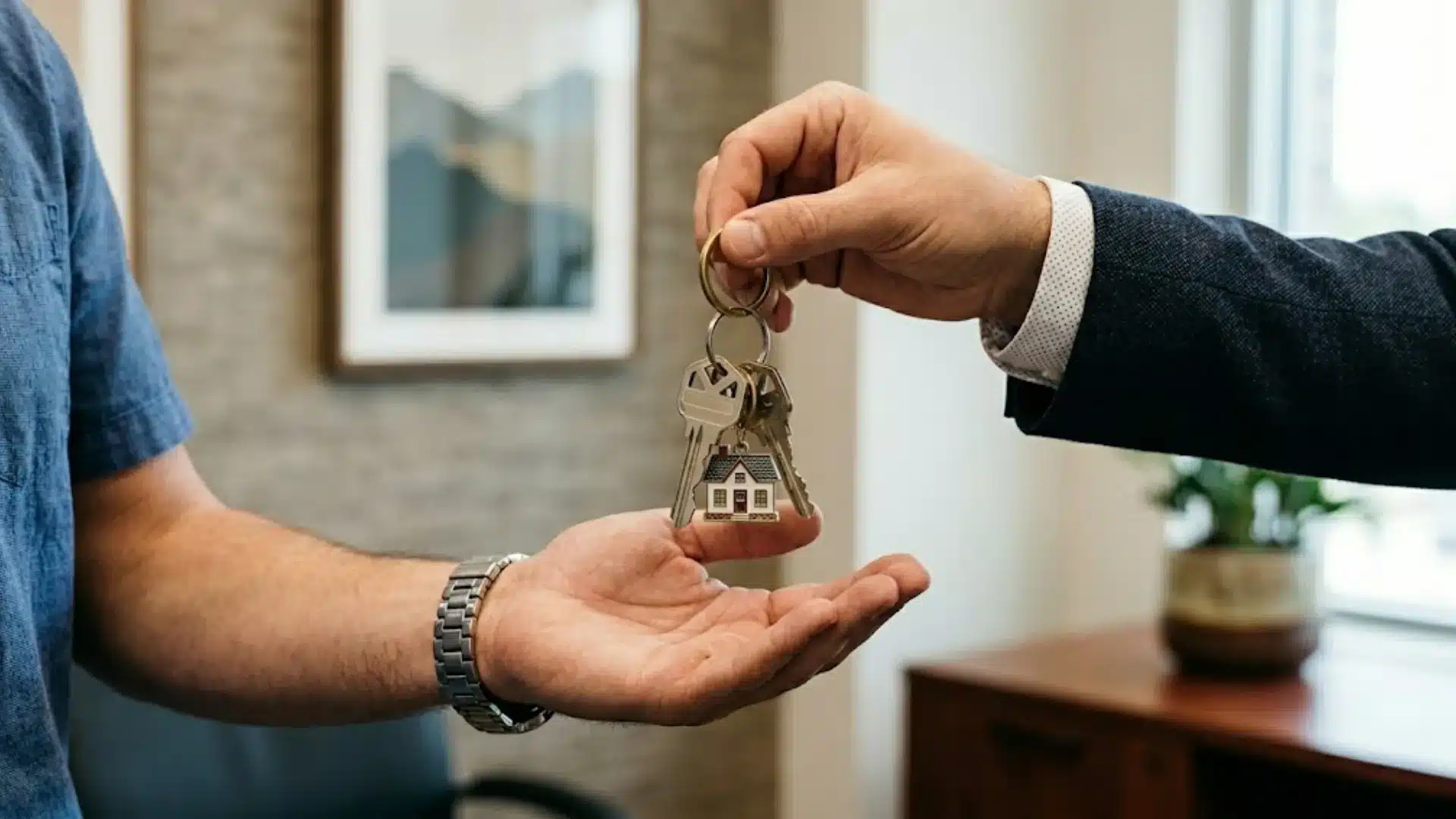 Person handing house keys to a new homeowner during a property transfer through a revocable trust