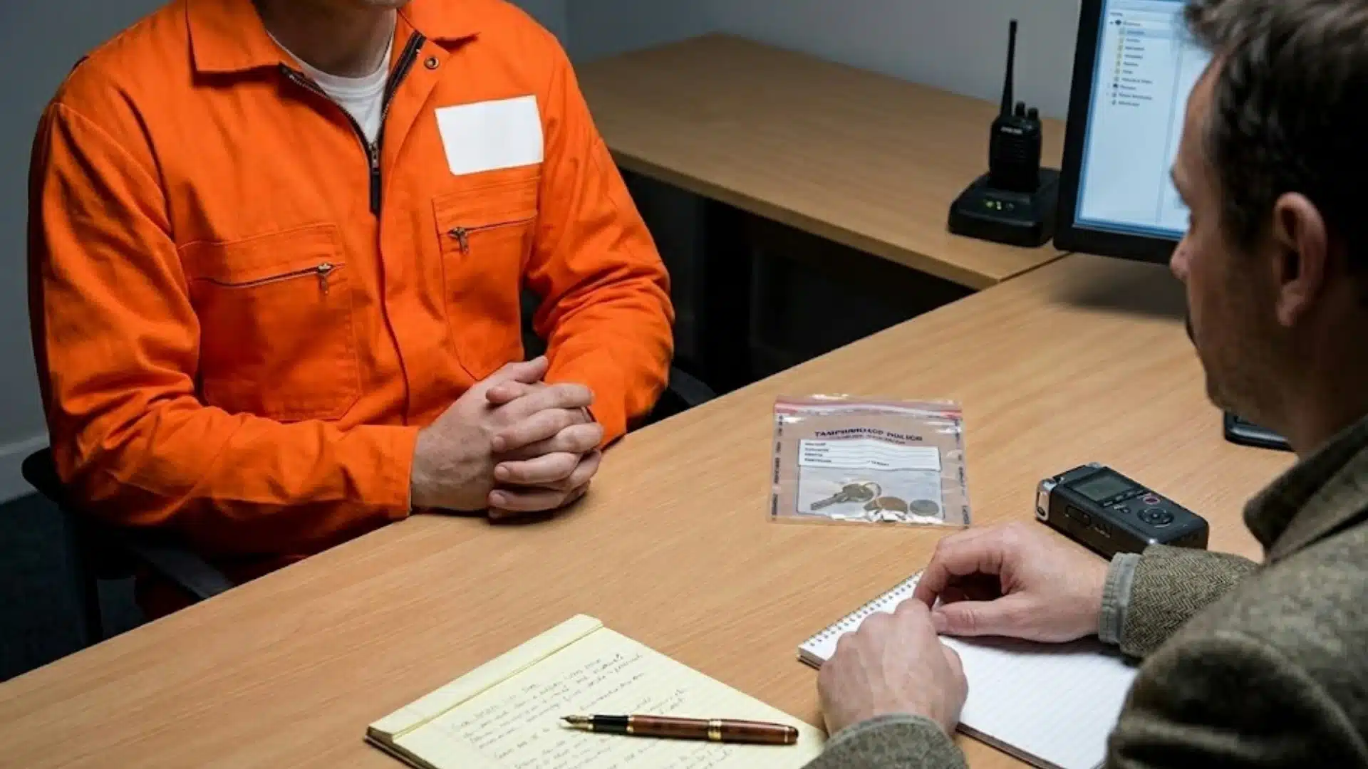 Person in an orange jail uniform speaks with an investigator across a desk during a police interview session