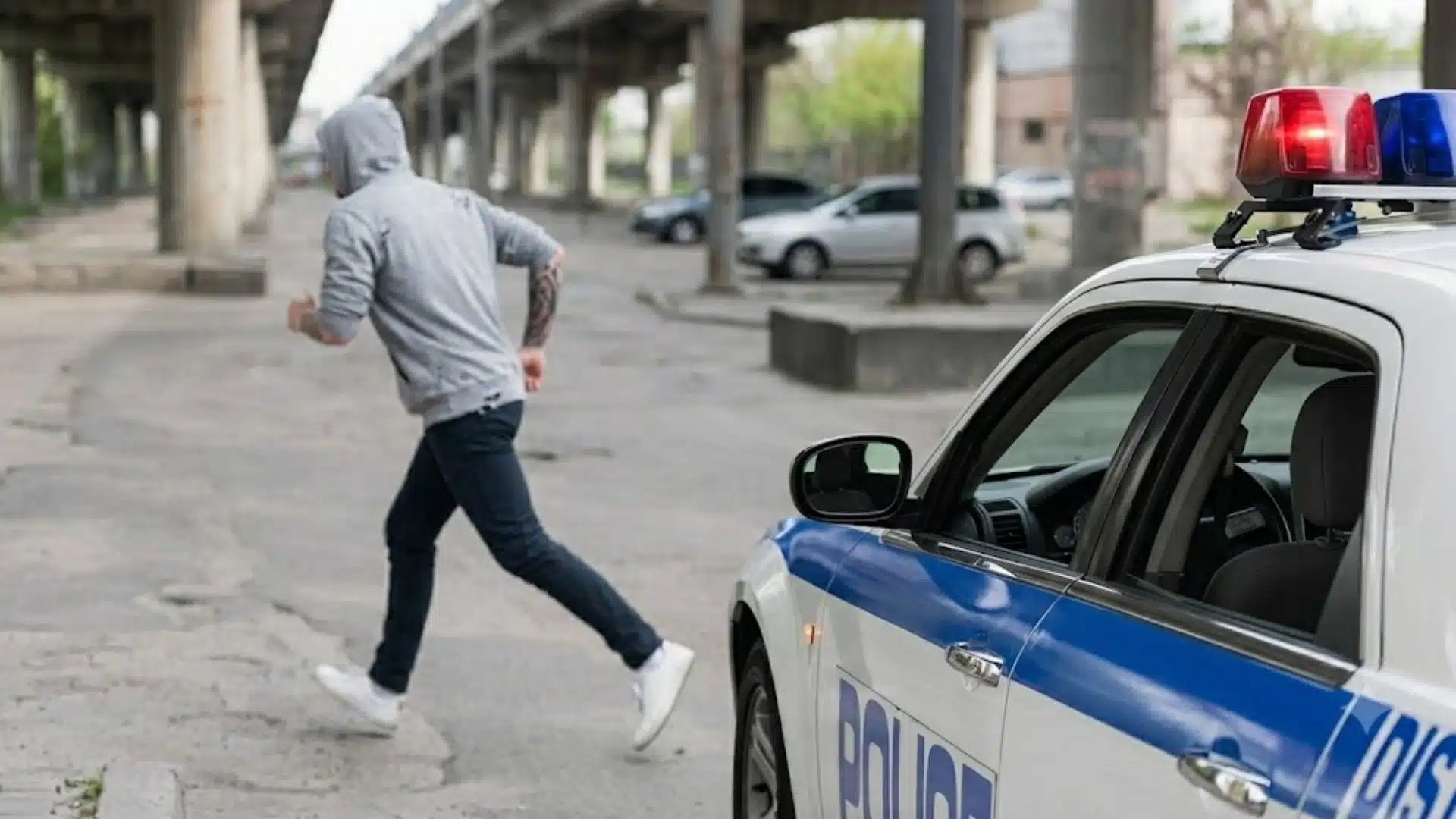 Person running from a police car under an overpass during a suspected evading arrest incident