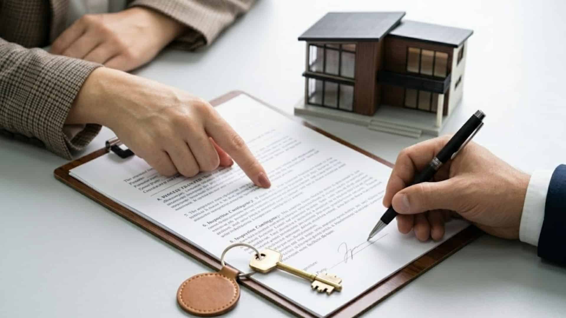 Person signing a property deed while another person points to terms, with house model and key nearby