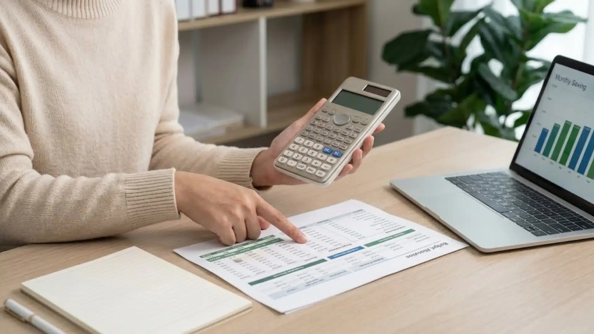 Person using a calculator and pointing at a printed financial sheet next to a laptop showing savings chart, at a desk