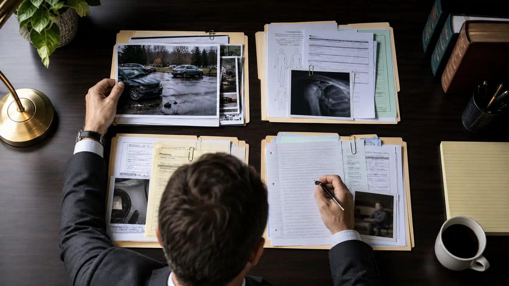 Personal injury attorney reviewing negligence evidence, medical records, and accident documents