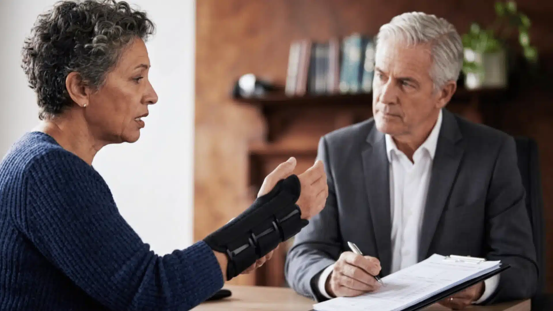 Personal injury lawyer listening to a client explain a wrist injury during consultation