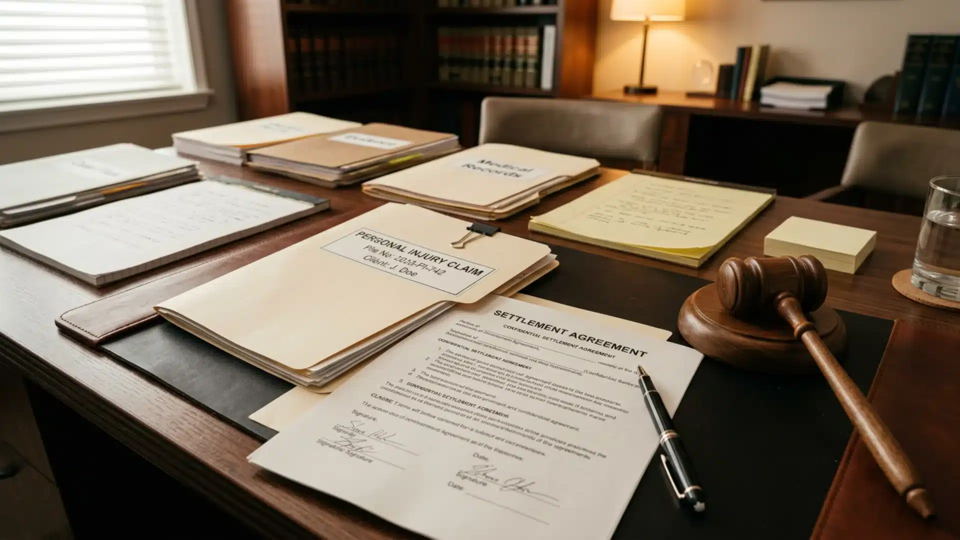 Personal injury settlement documents and legal paperwork on an attorney's desk