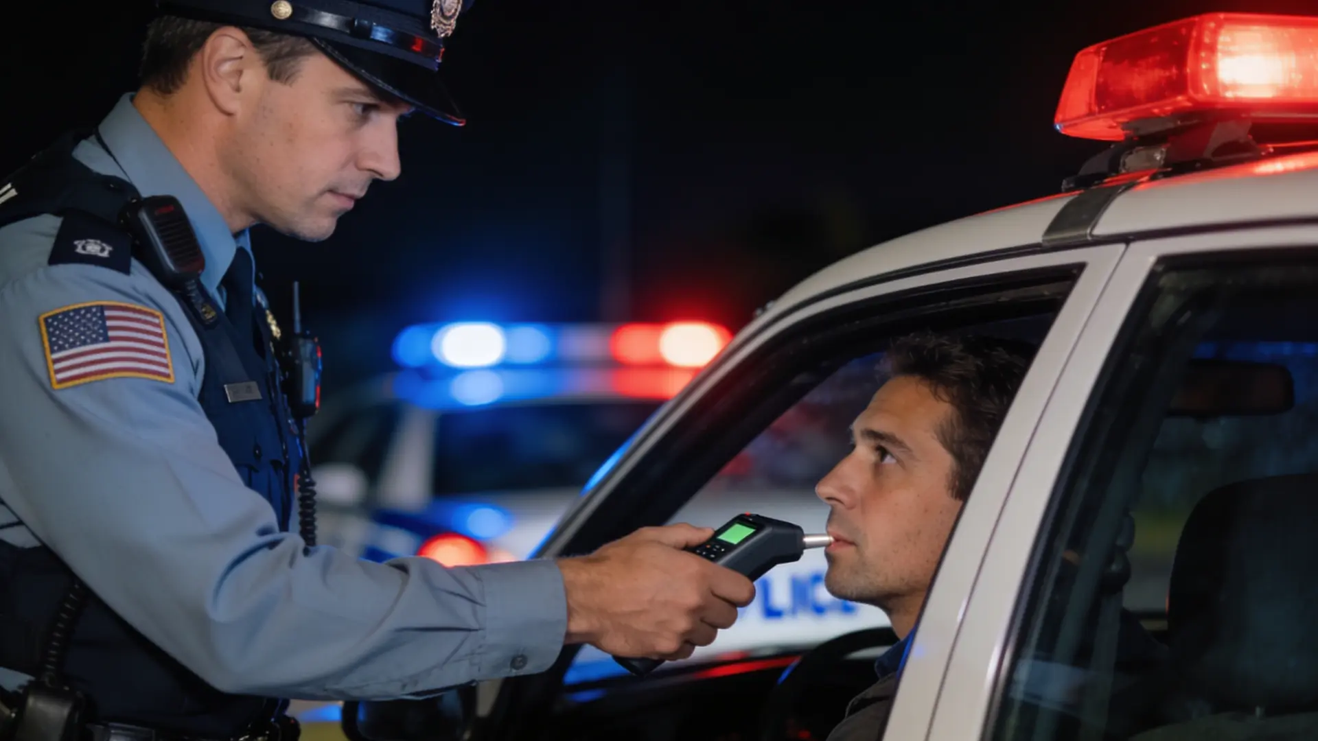 Police officer administering breathalyzer test at a traffic stop to check legal alcohol limit