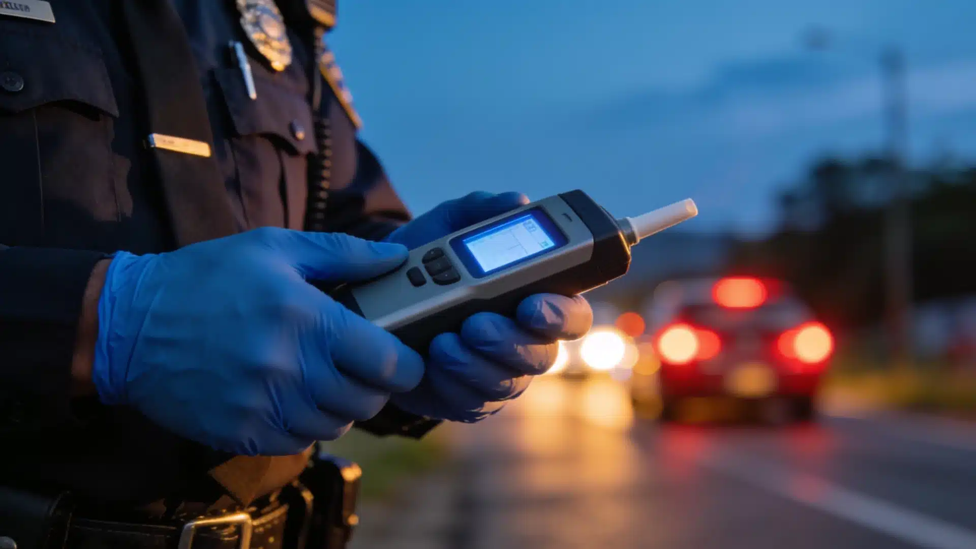 Police officer administering breathalyzer test during an underage DUI stop