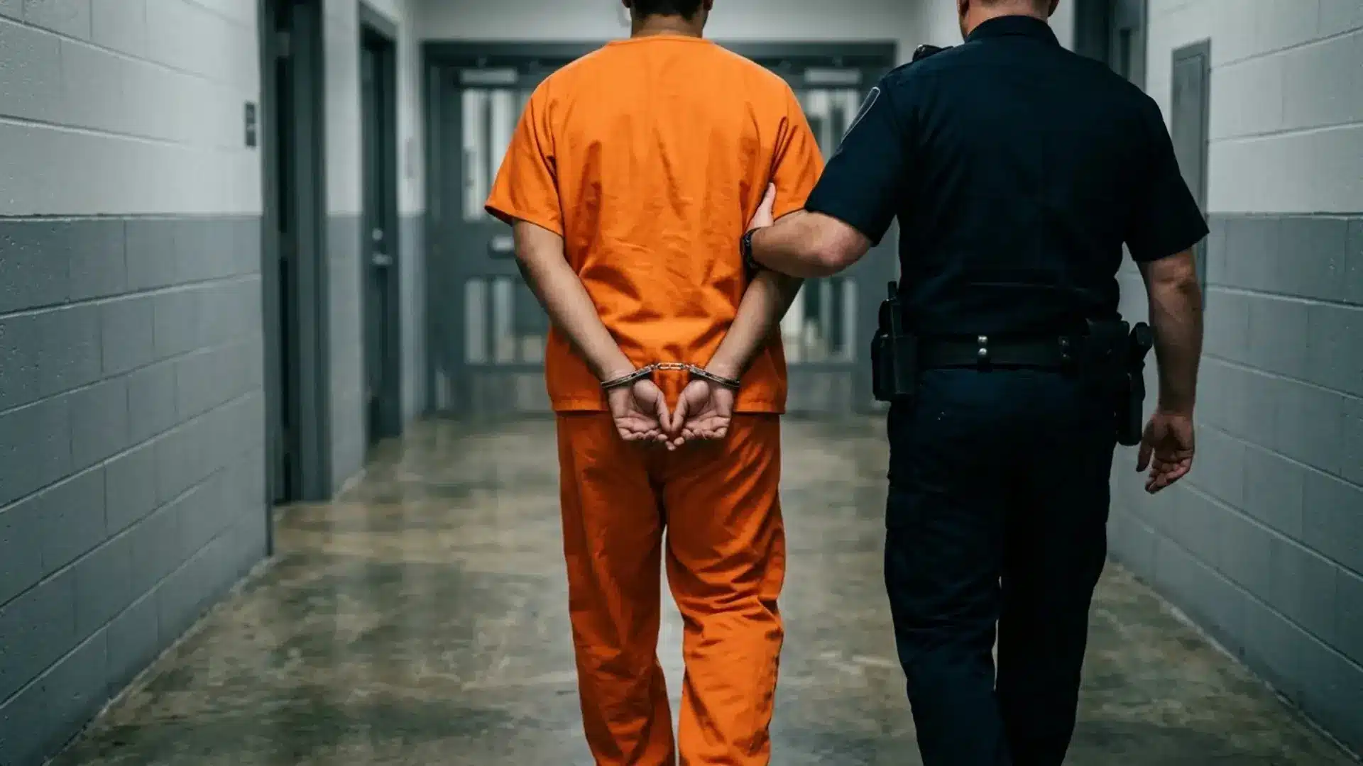 Police officer escorts a handcuffed inmate in an orange jail uniform down a plain correctional facility hallway