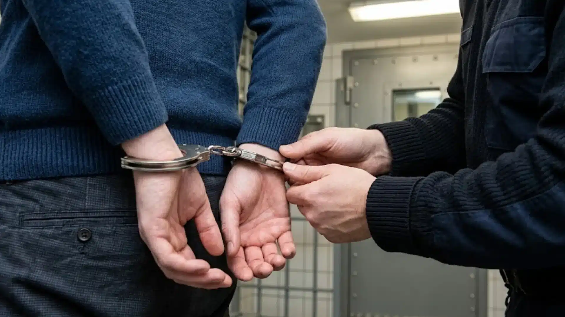 Police officer placing handcuffs on a detained person during an arrest inside a secure holding facility