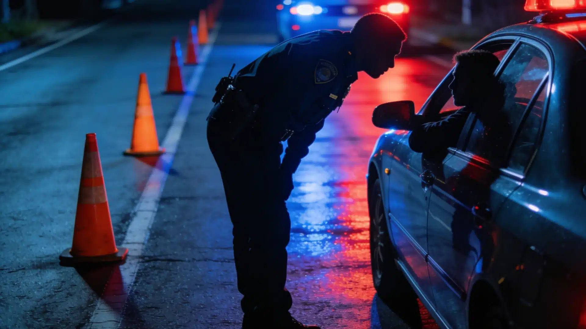 Police officer speaking to driver at a DUI sobriety checkpoint at night with flashing lights