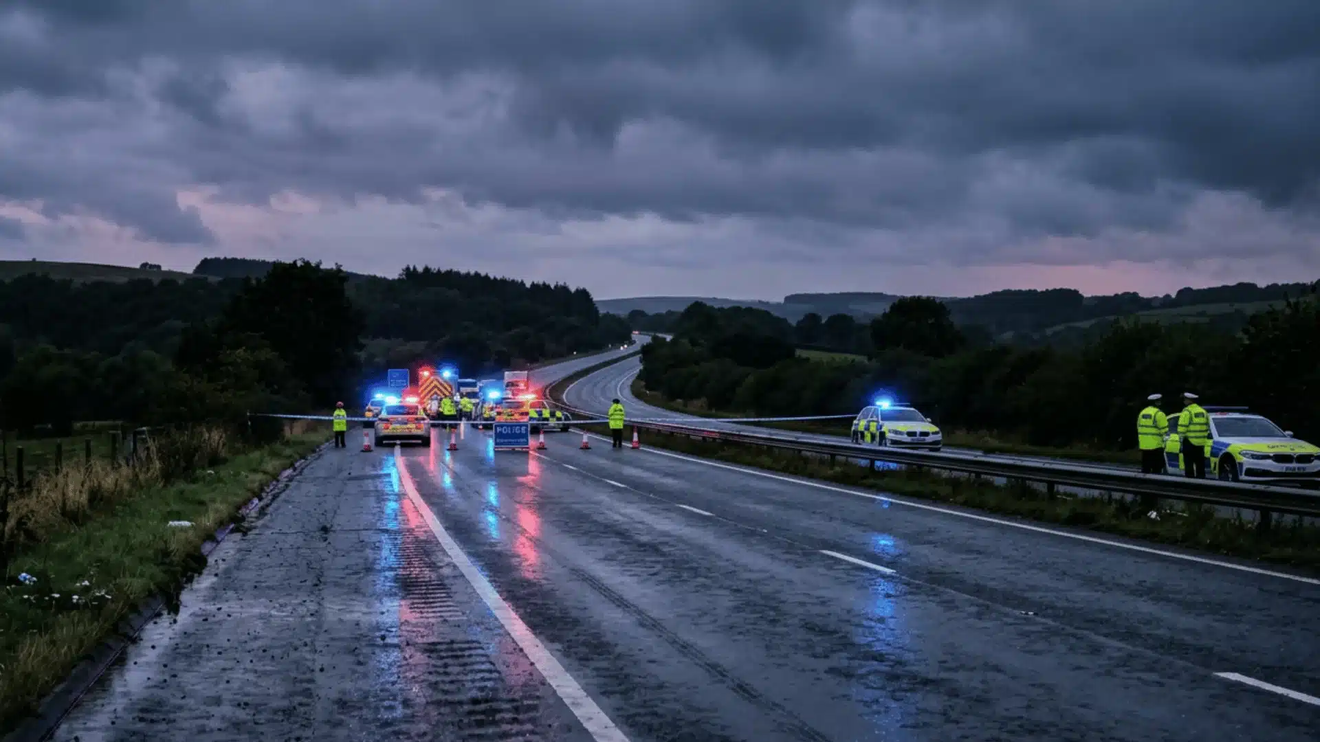 Police vehicles block a rain-soaked highway at night during an accident investigation