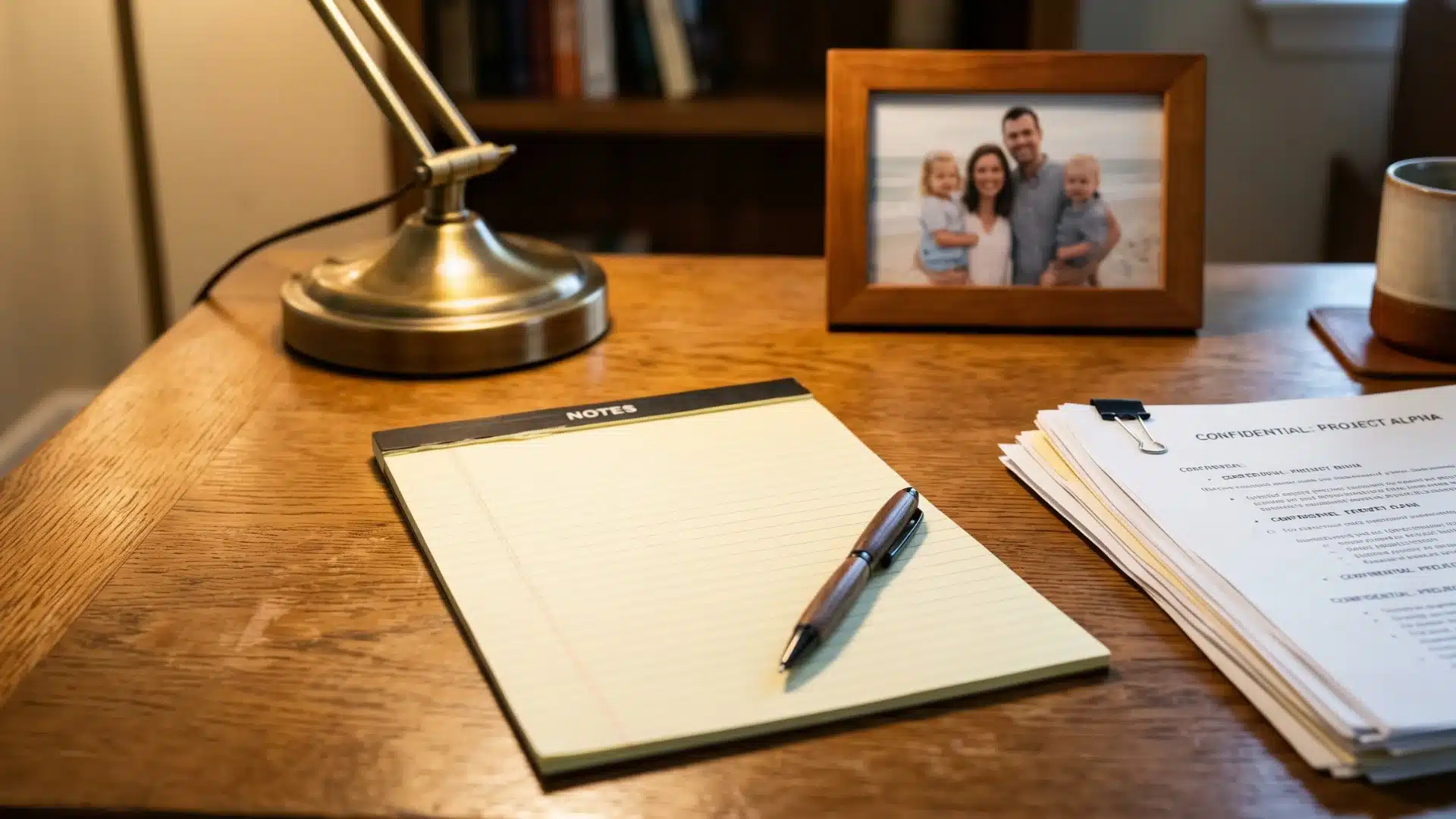 Professional desk with legal notepad and family photo representing filial responsibility financial planning