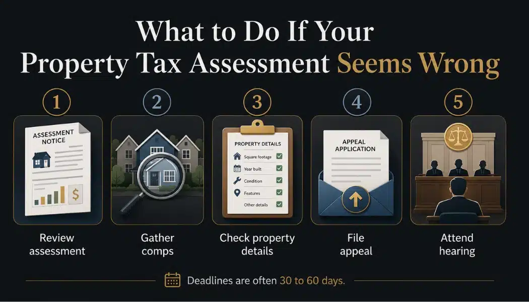 Property tax assessment appeal infographic showing five steps review notice, gather comps, check details, file appeal, and attend hearing