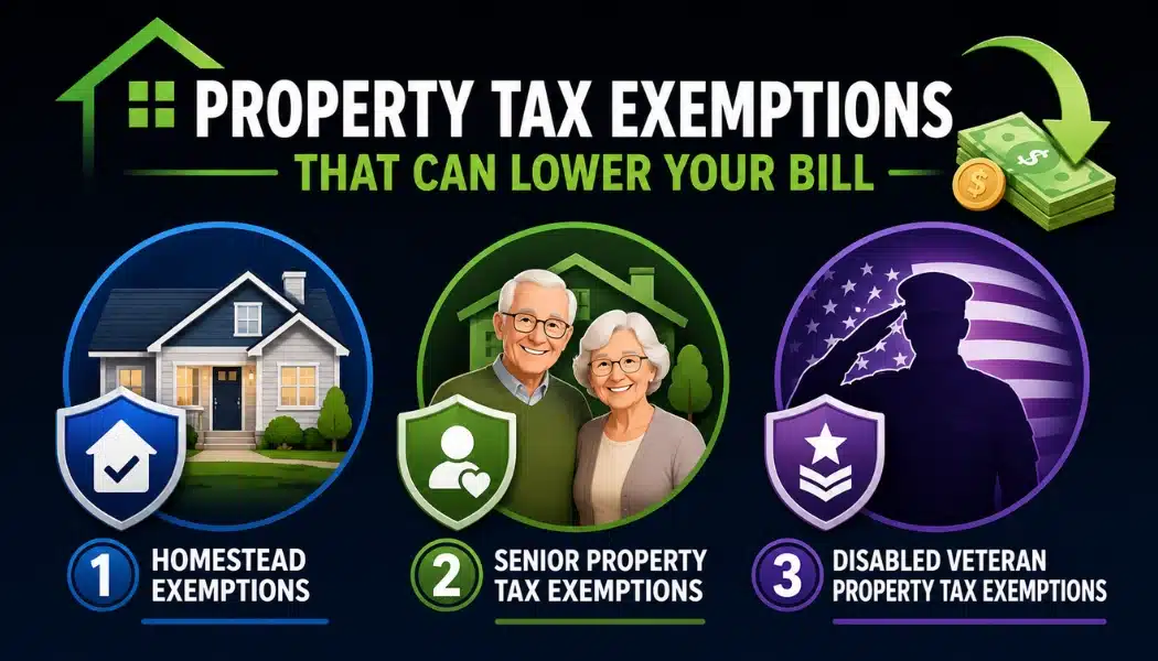 Property tax exemptions infographic showing homestead, senior, and disabled veteran tax relief options that can lower bills