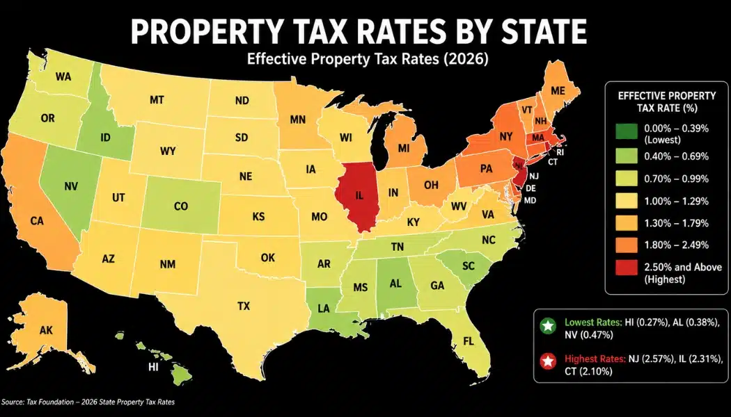 Property tax rate distribution across US states for 2026 with visual tax bracket comparison