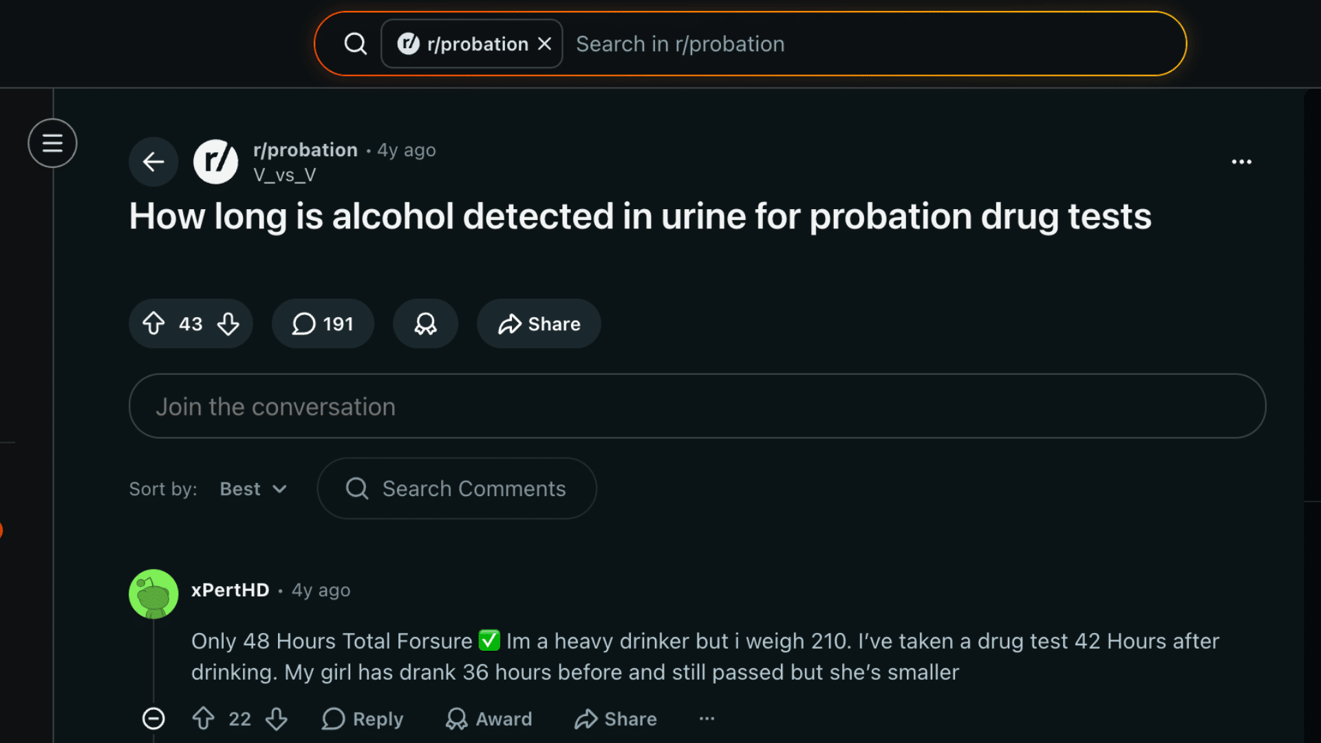 Reddit thread discussing how long alcohol is detected in urine for probation drug tests with user comments visible