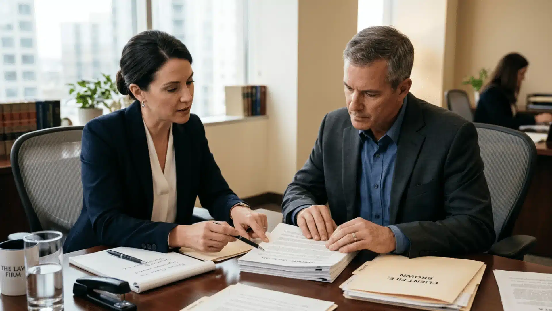 Restraining order attorney reviewing case documents with a client in a law office
