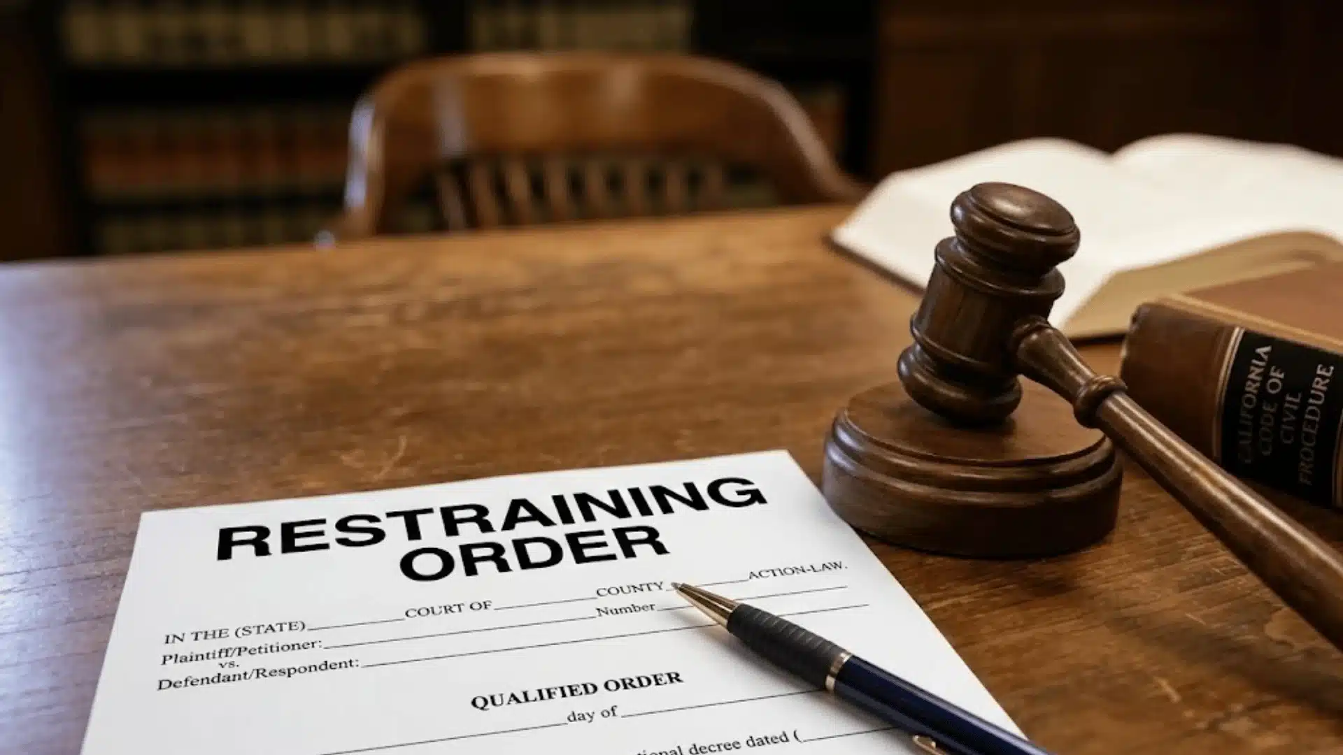 Restraining order document with a gavel on a legal desk