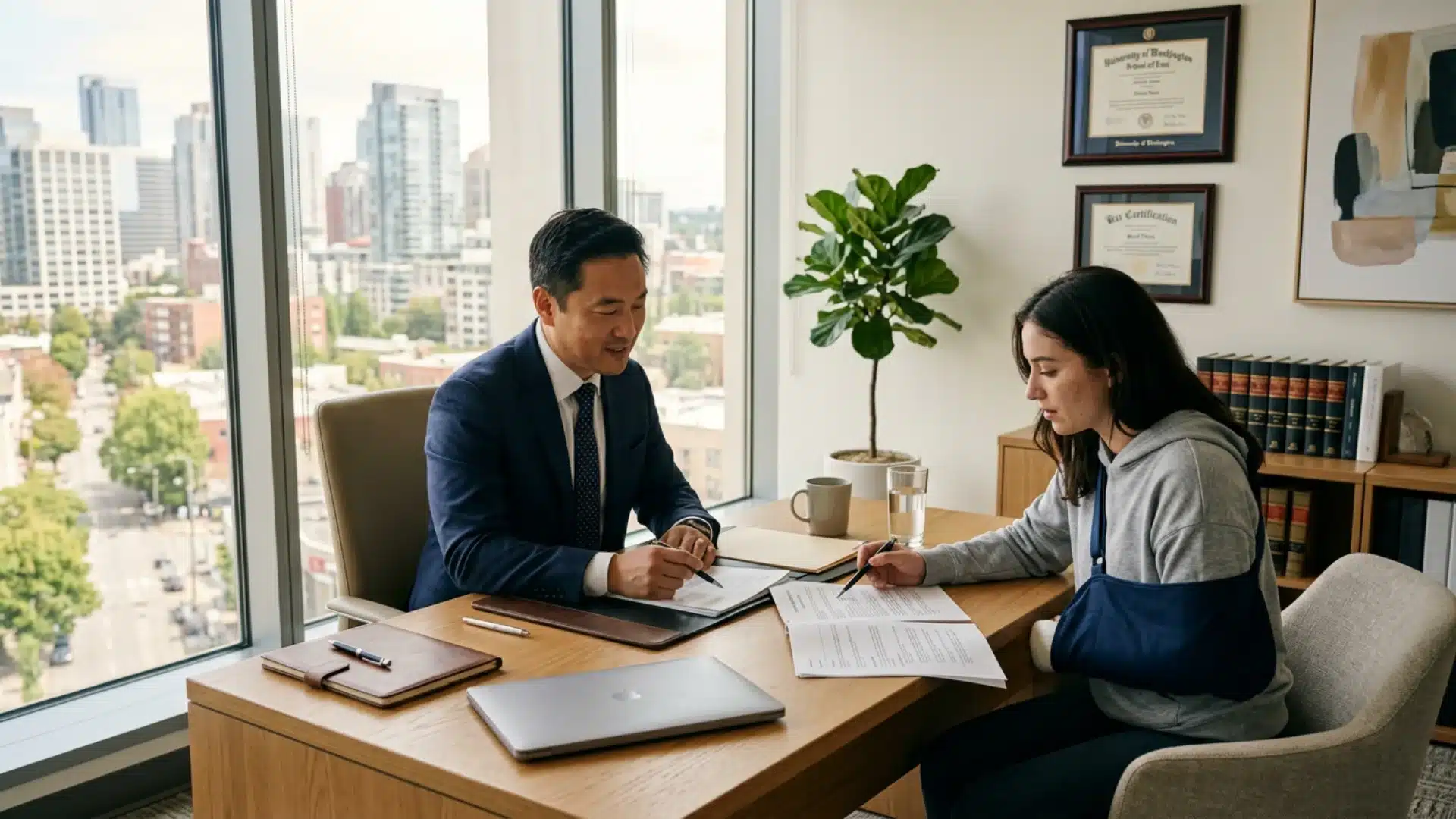 Scooter accident attorney reviewing compensation claim with injured client in law office