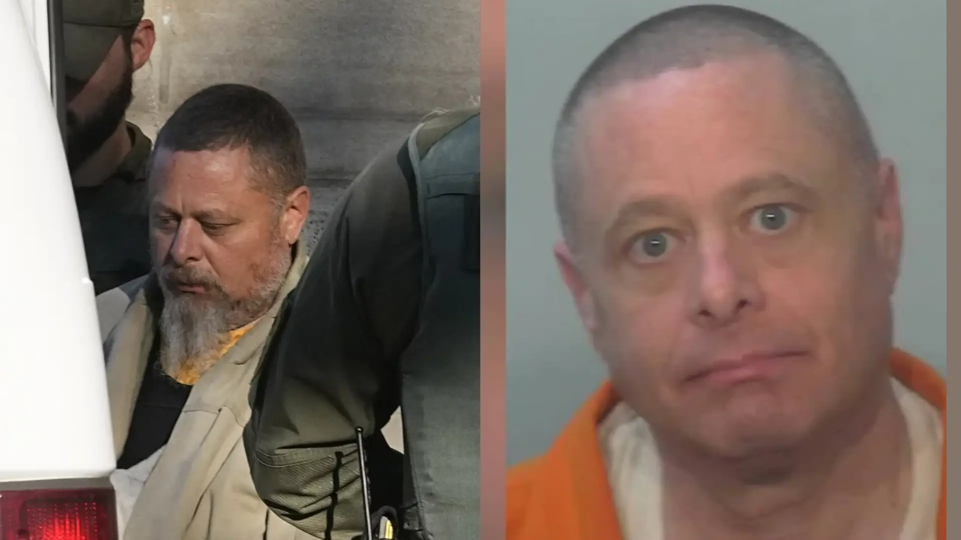 Side-by-side images of two men one escorted by officers outdoors, the other a close-up mugshot in an orange shirt.