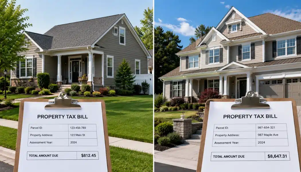 Split screen of two American homes with clipboards showing low and high property tax bills in a real estate comparison scene