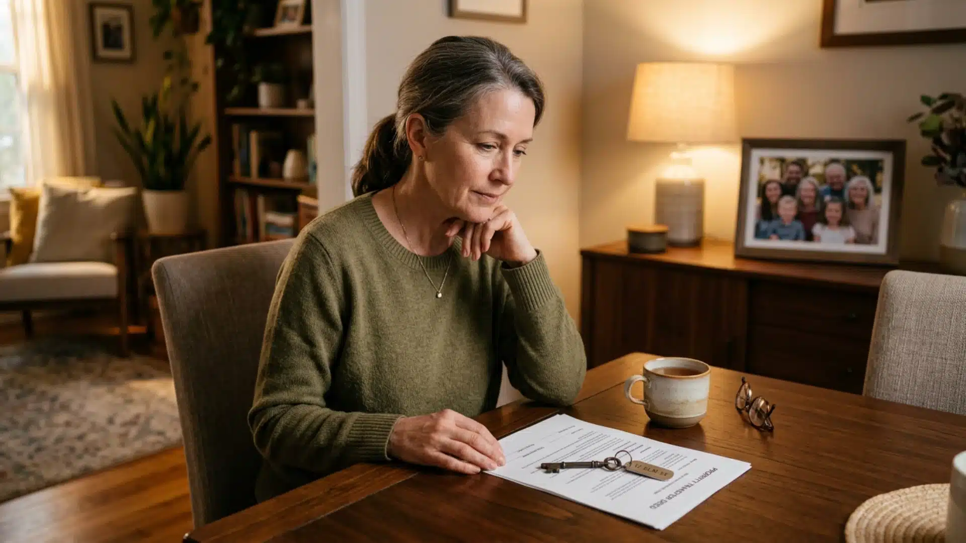 Spouse reviewing property documents after a partner's death, asserting community property rights