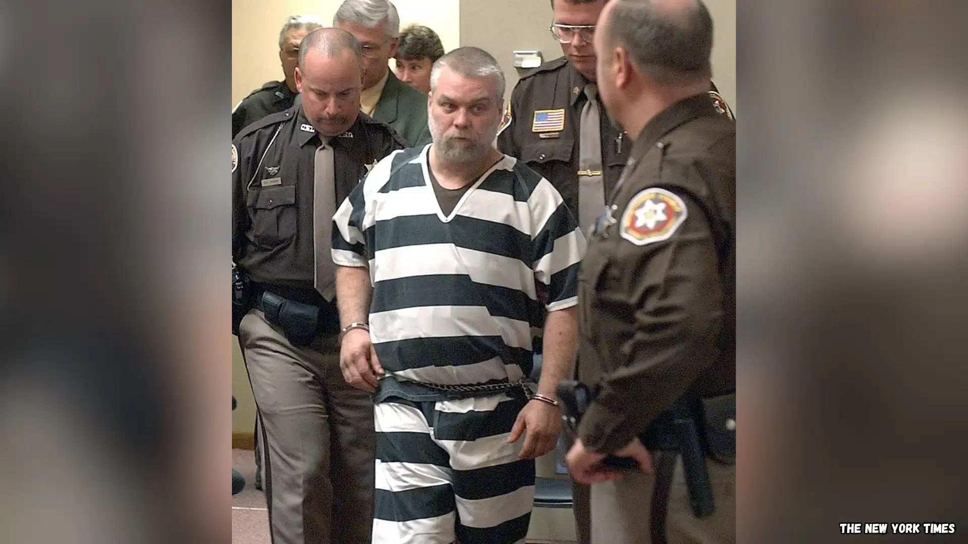 Steven Avery escorted by police officers during a court appearance after his arrest in the Teresa Halbach murder case