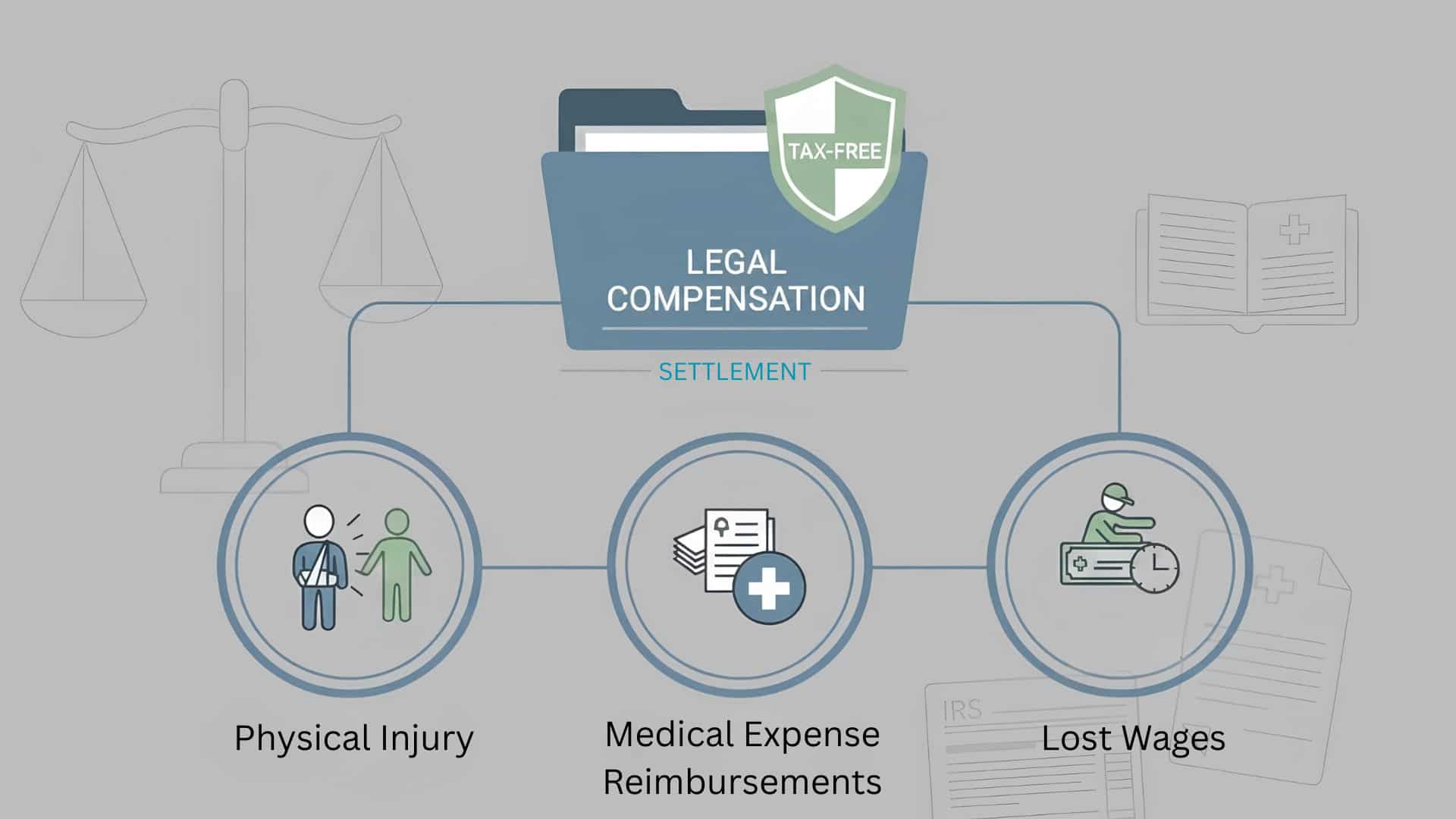 Tax-free legal compensation settlement covering physical injury, medical costs, and lost wages