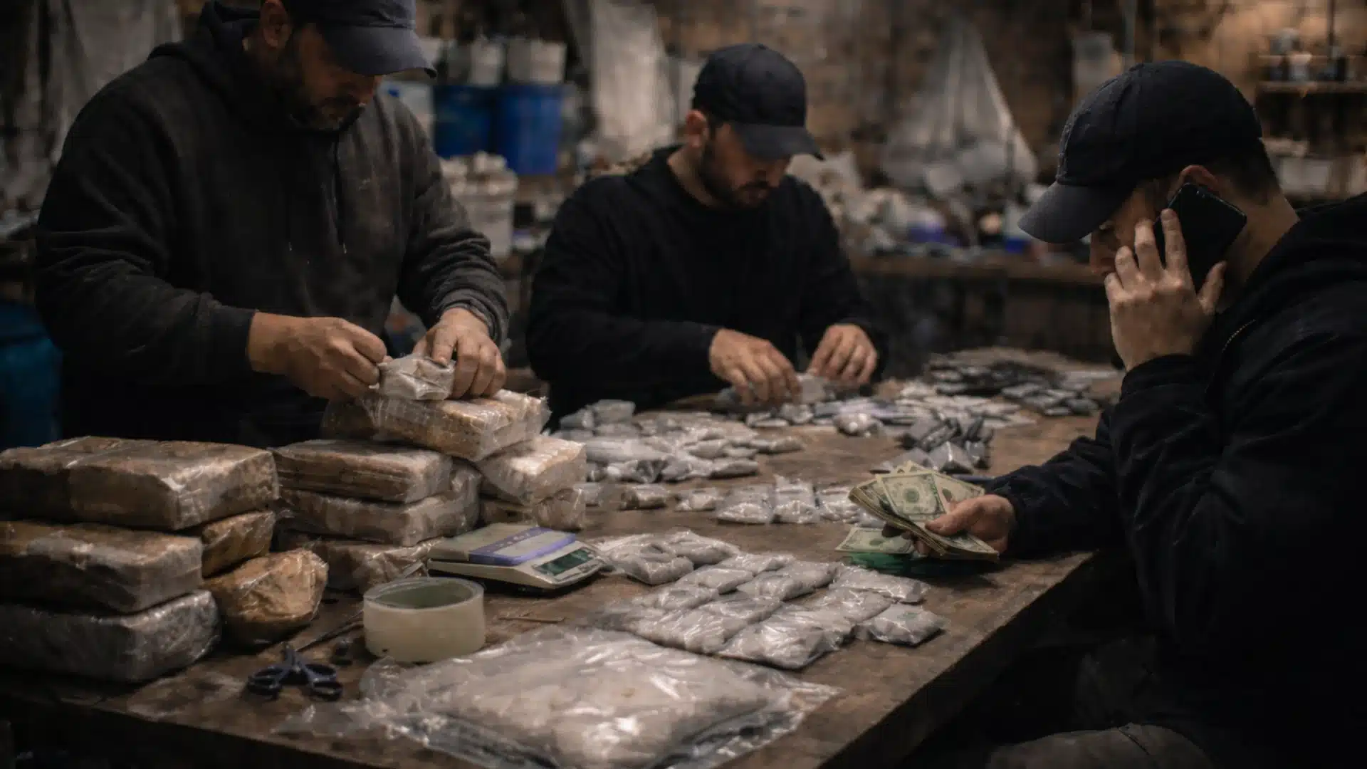 Three individuals working at a cluttered table in a dim indoor setting, handling small packets and cash with a realistic warehouse background and moody lighting