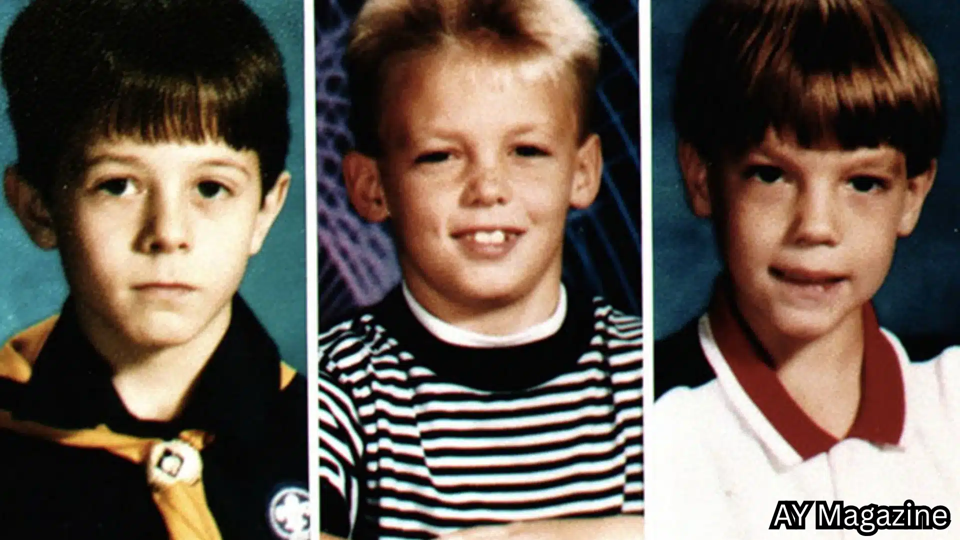 Three young boys shown in separate portrait photos, including one in a scout uniform, one in a striped shirt, and one in a white polo.